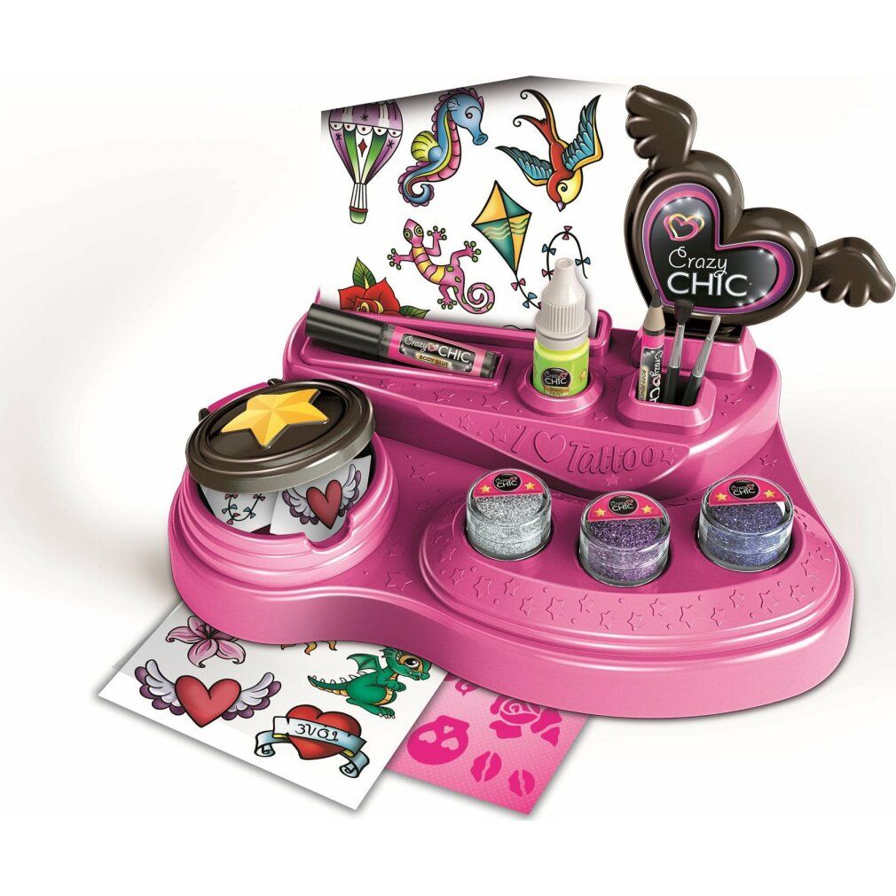 Set Crazy Chic Tattoo rosa con accessori, glitter, stencil e adesivi. Clementoni.