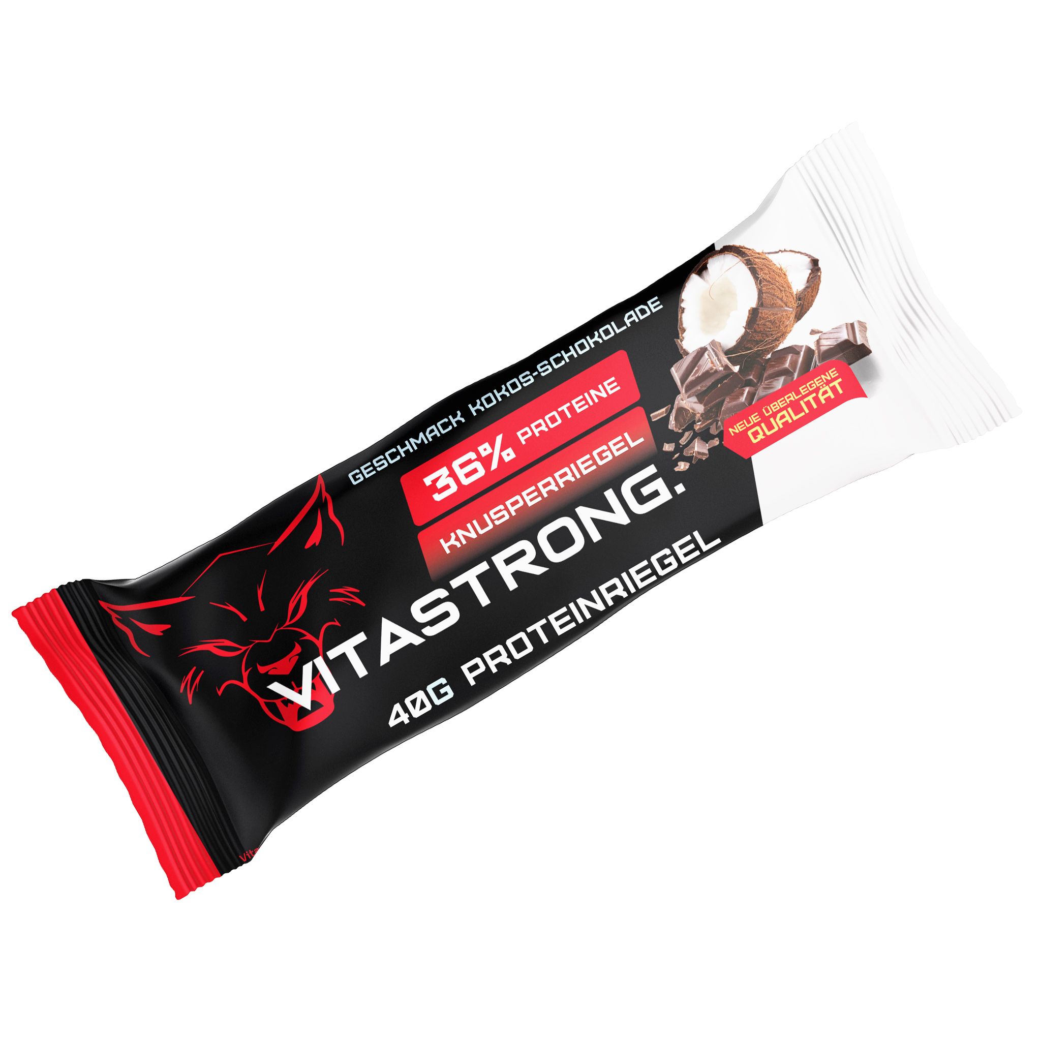 Barretta proteica gusto cocco cioccolato. Confezione nera con logo rosso e scritta Vitastrong. Barretta da 40g, 36% proteine.