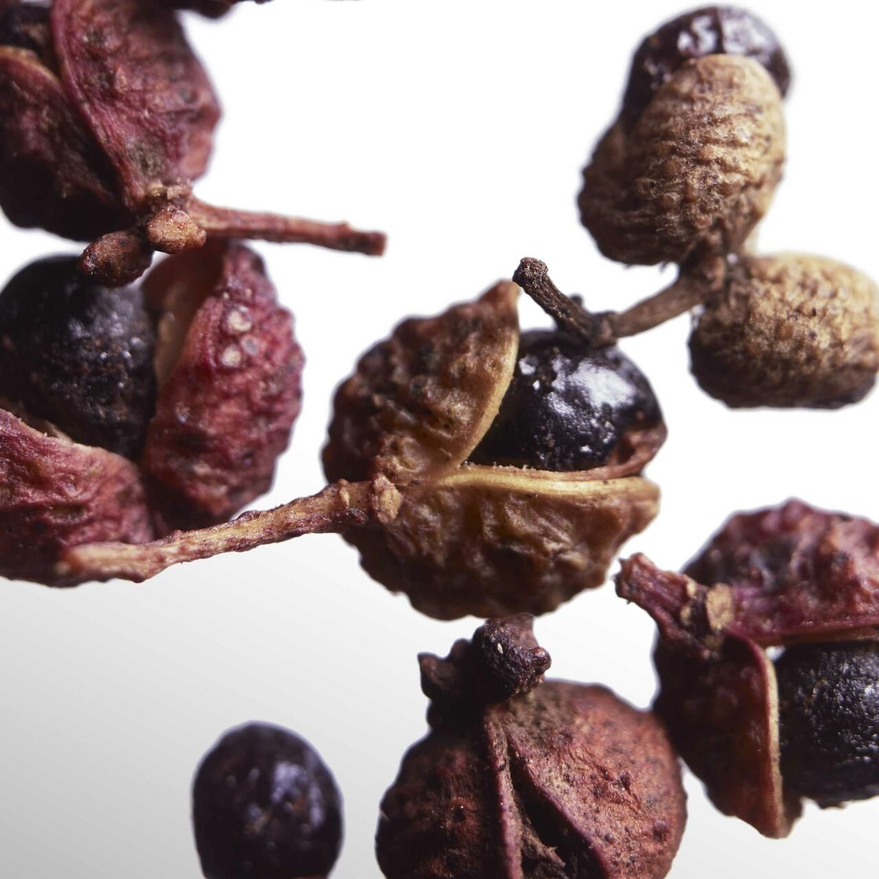 Primo piano di spezie. Colore rossastro, forma irregolare. Alcuni frutti sono aperti.