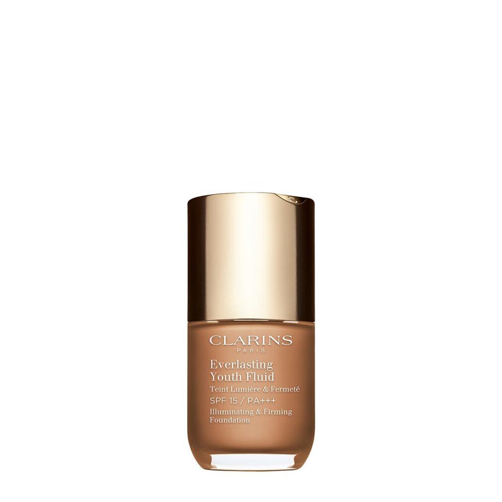 Flacone EVERLASTING YOUTH di Clarins. Flacone marrone con tappo dorato. Testo: Everlasting Youth Fluid, SPF 15/PA+++.