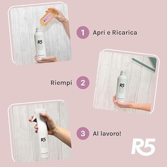 Istruzioni per l'uso del deodorante per ambienti R5. Passaggi 1-3: Ricarica, riempimento e applicazione. Logo R5.