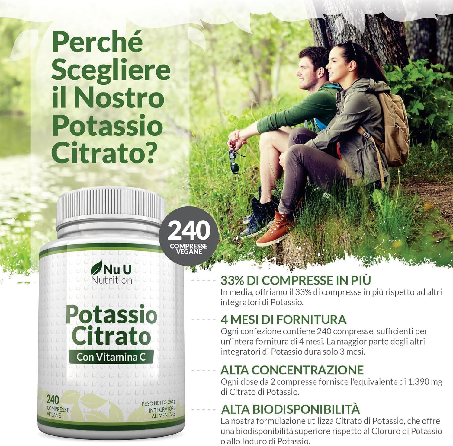 Flacone bianco di compresse di citrato di potassio e vitamina C Nu U Nutrition. 240 compresse. Due persone sullo sfondo.