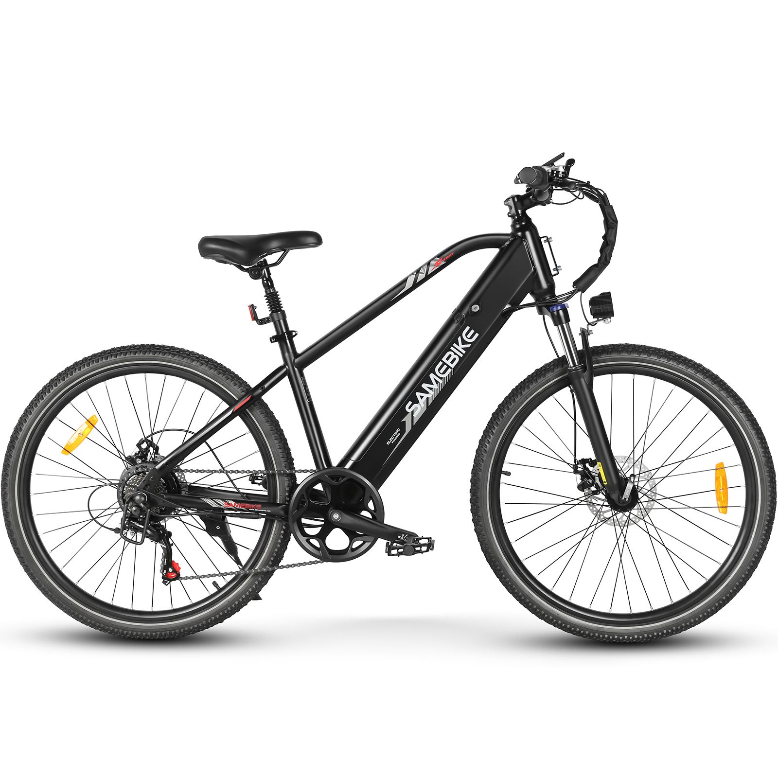 E-MTB nero SAMEBIKE. Telaio, ruote, sella, manubrio, faro, pedali visibili. Dettagli rossi e gialli.