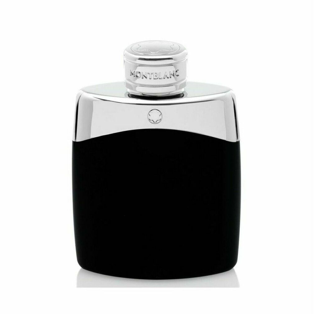 Flacone Montblanc Legend Eau de Toilette, corpo nero, parte superiore argentata.