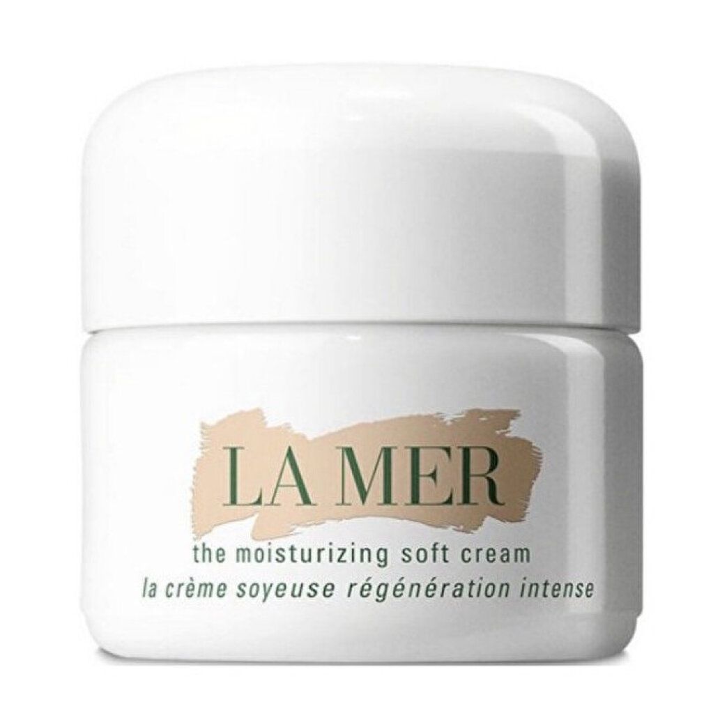Vasetto bianco con coperchio. Scritta: LA MER, the moisturizing soft cream, la crème soyeuse régénération intense.