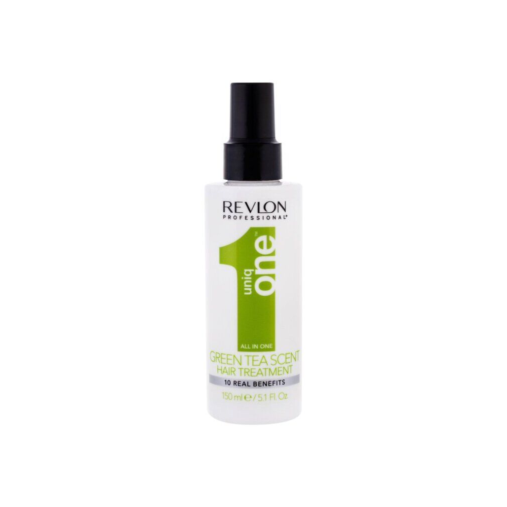 Spray per capelli bianco con erogatore nero. Scritta: Uniq One, Revlon Professional, All in One Green Tea Scent Hair Treatment, 10 Real Benefits.