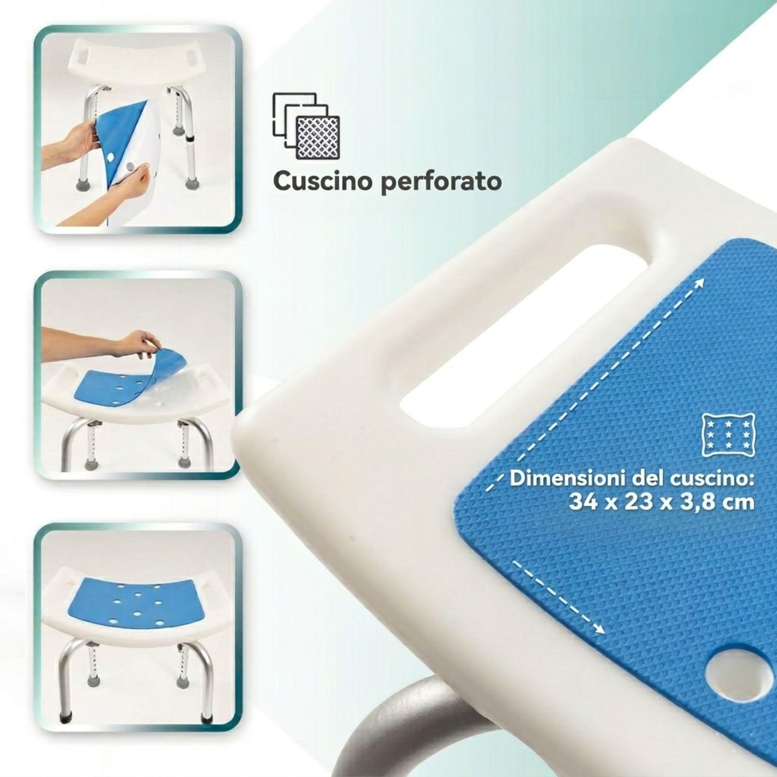 Sgabello per doccia con seduta blu. Cuscino forato. Dimensioni cuscino: 34 x 23 x 3,8 cm.