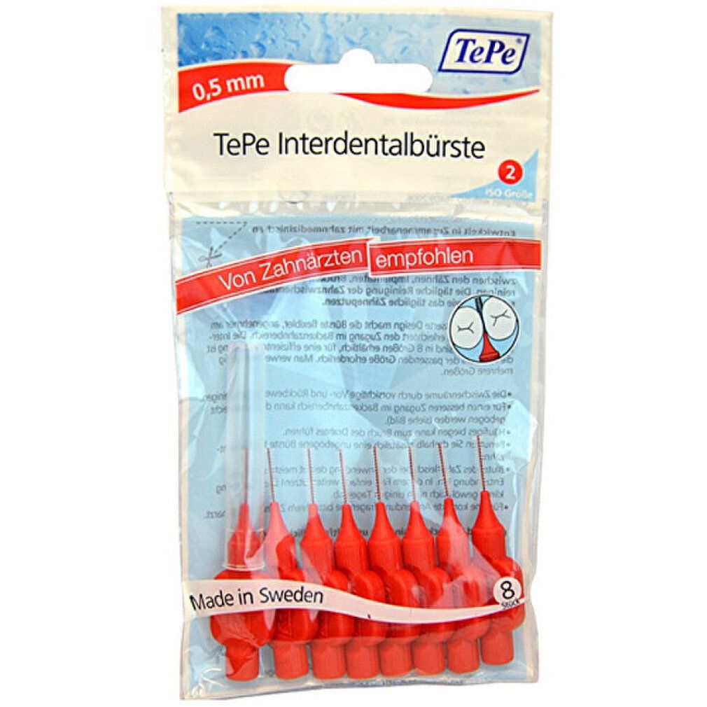 Confezione di scovolini interdentali rossi TePe, 0,5 mm. 8 pezzi. Raccomandato dai dentisti. Prodotto in Svezia.