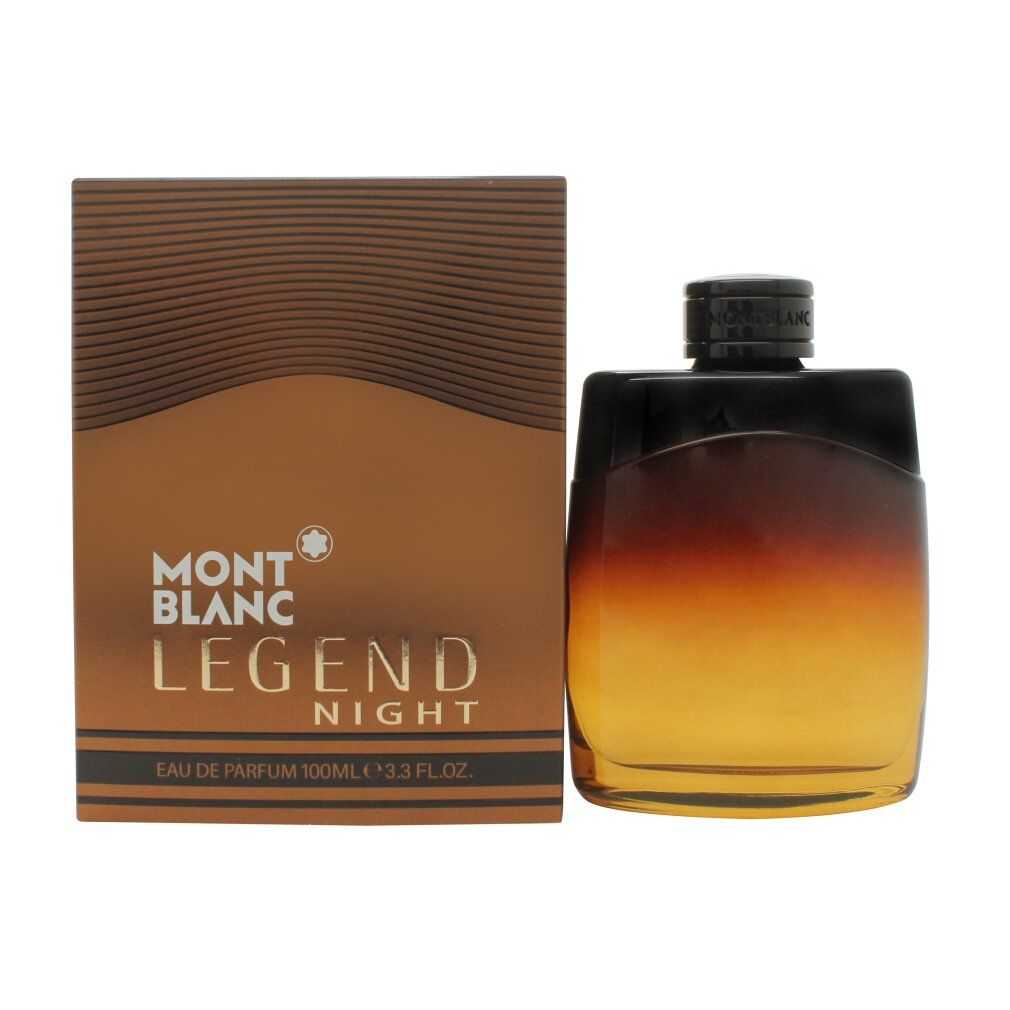 Flacone di profumo e confezione. Flacone sfumato. Confezione con scritta Montblanc Legend Night.