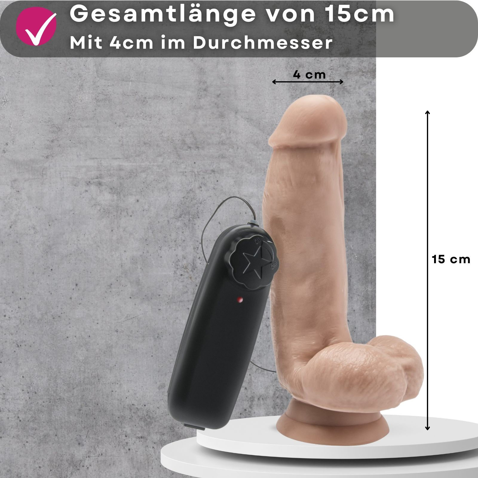 Dildo con ventosa, lungo 15 cm, diametro 4 cm. Telecomando.