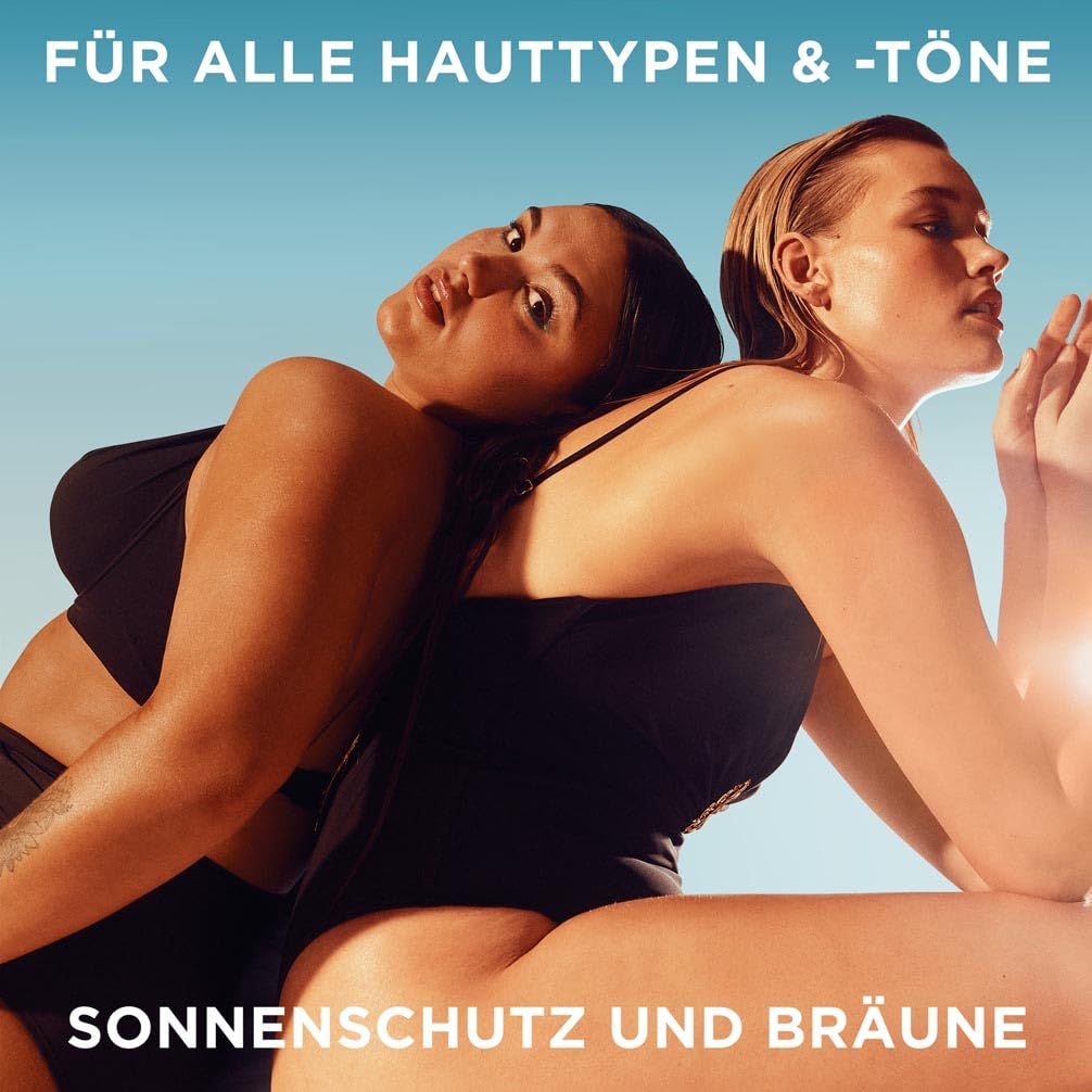 Due donne in costume da bagno. Testo: Per tutti i tipi e toni di pelle. Protezione solare e abbronzatura.