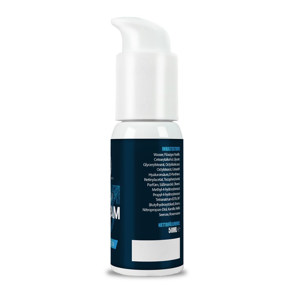 Flacone blu con erogatore bianco. Retro con elenco ingredienti in tedesco. Peso netto: 50ml.