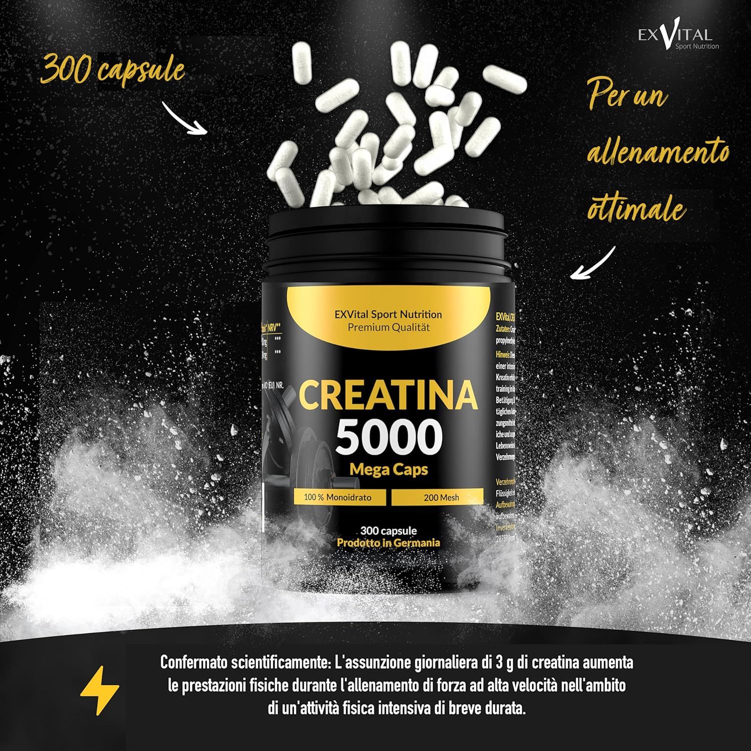 Contenitore EXVital Creatina 5000 Mega Caps con capsule che volano su sfondo nero, con testo.