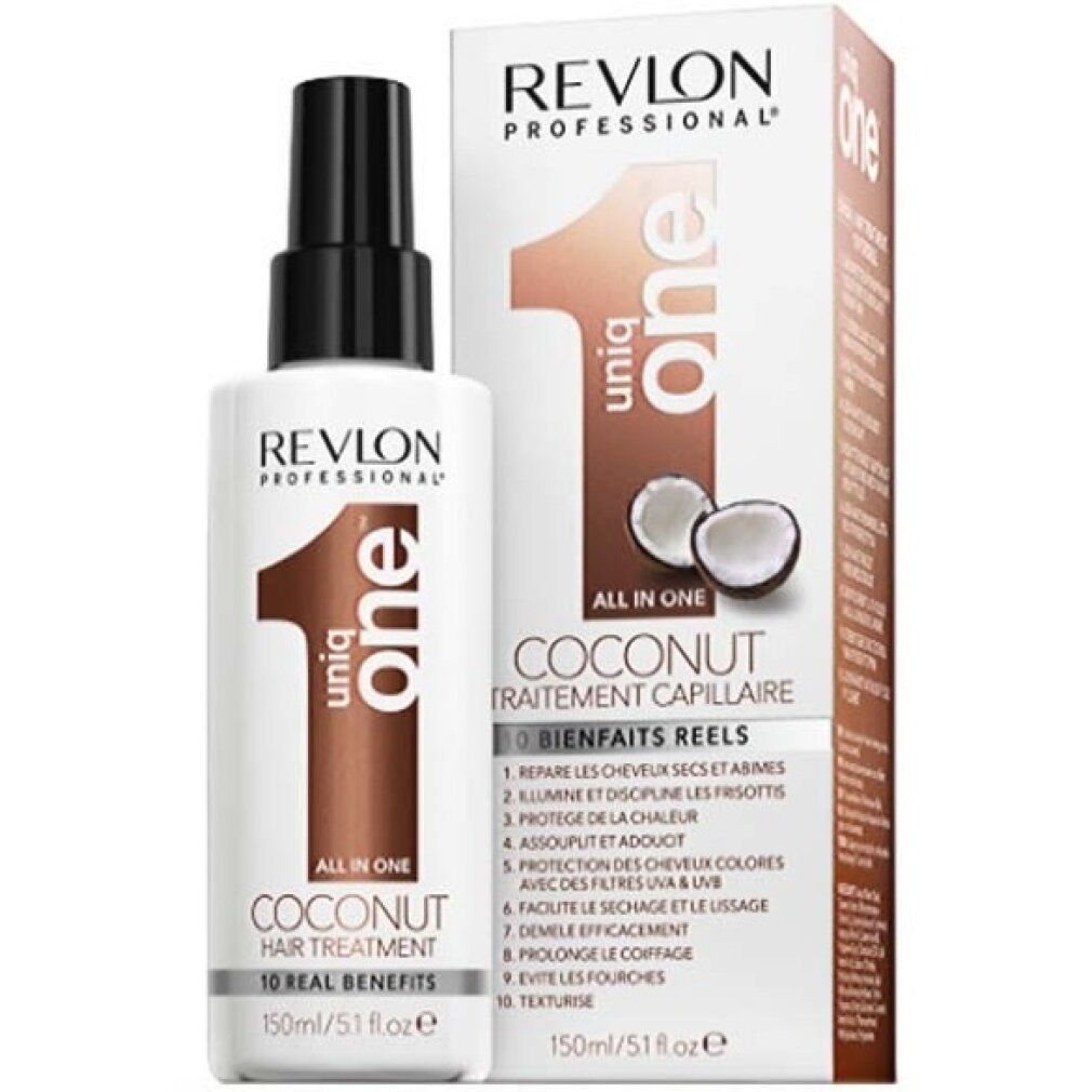 Revlon Professional Uniq One Coconut, trattamento per capelli, con confezione. Flacone bianco, erogatore nero. Scritta: "10 Real Benefits".
