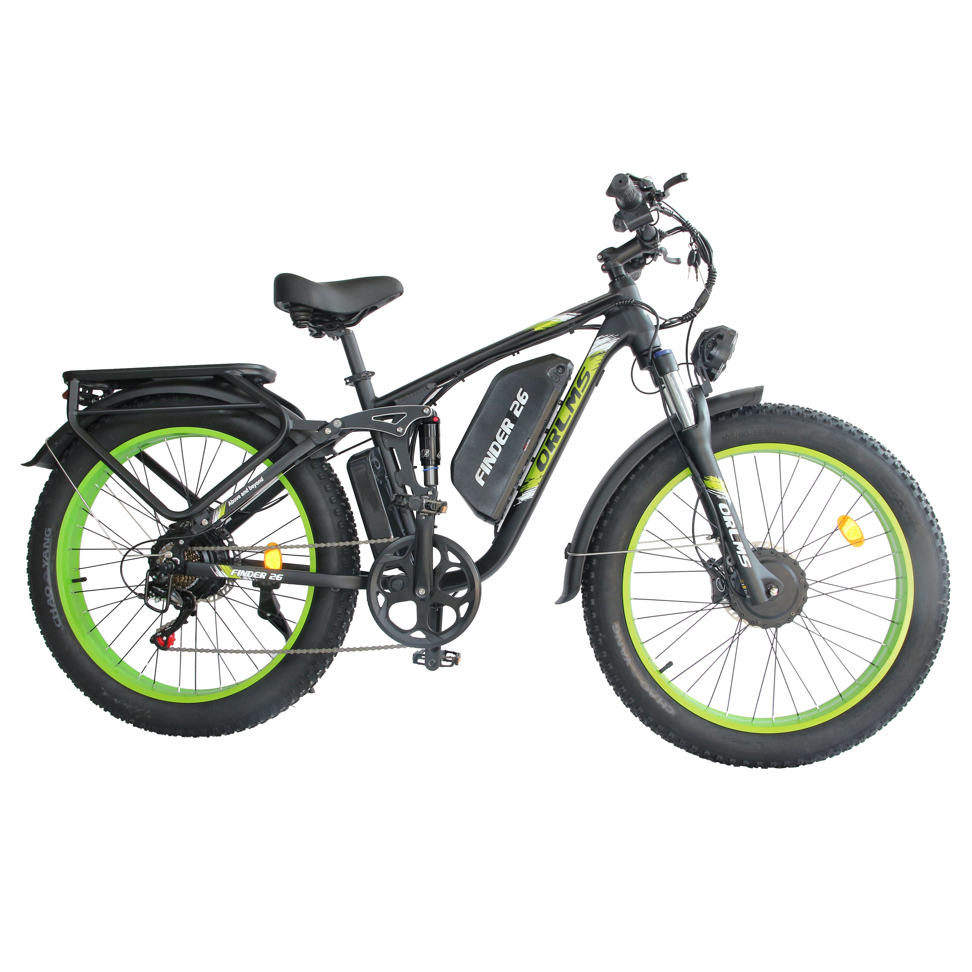E-MTB ORLMS Finder 26. Nero, cerchi verdi. Batteria sul telaio. Portapacchi. Faro.