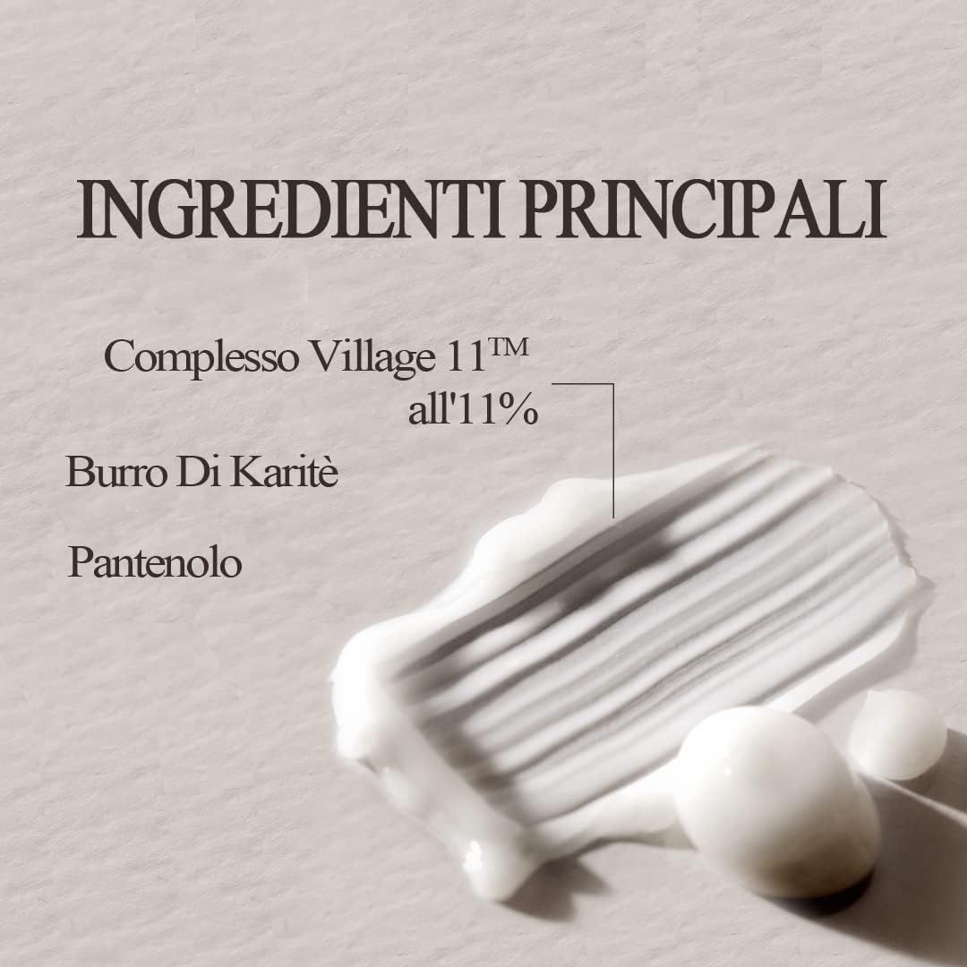 Testo: Ingredienti principali. Ingredienti: Complesso Village 11 11%, Burro di Karité, Pantenolo. Texture crema.