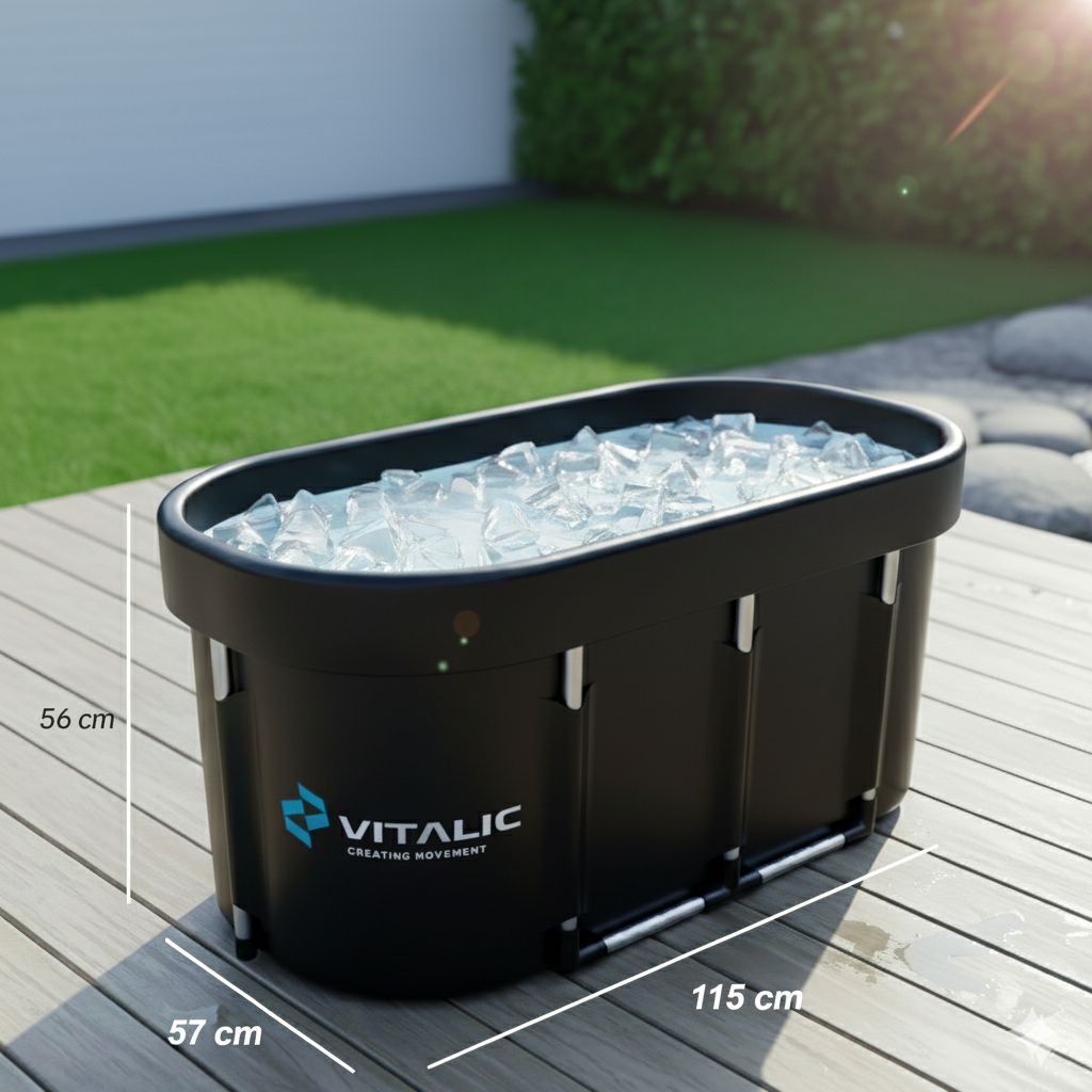 Vaschetta per ghiaccio nera su terrazza in legno. Dimensioni: 115 cm di lunghezza, 57 cm di larghezza, 56 cm di altezza. Logo VITALIC.