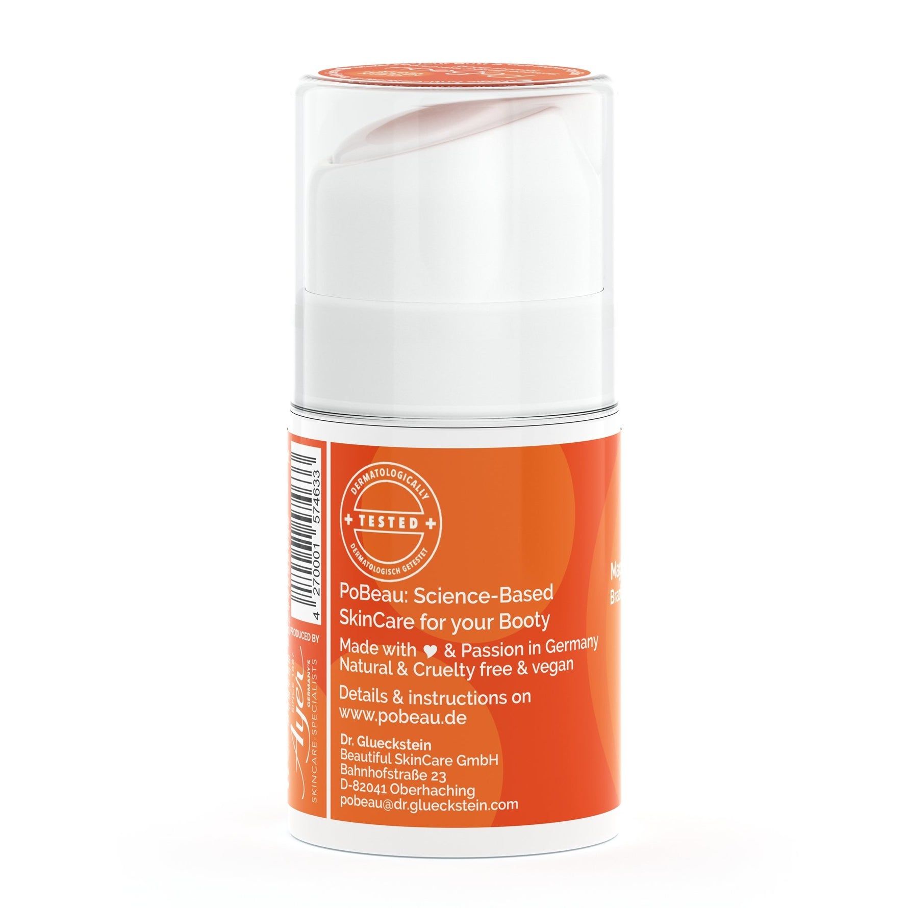 Vista posteriore di un flacone cilindrico con etichetta arancione. Testo: PoBeau, Science-Based SkinCare. Testina bianca.