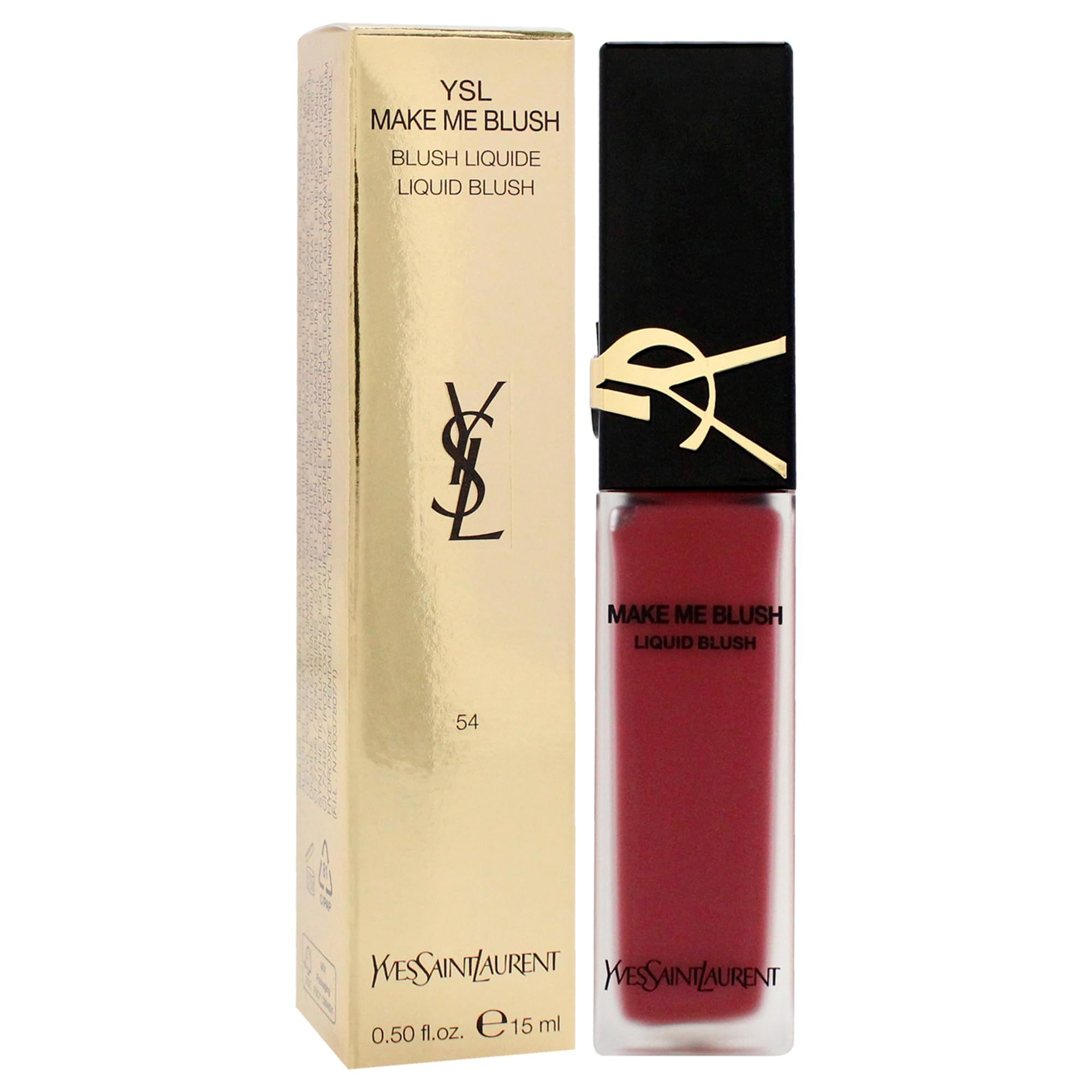 Fard liquido e confezione. Confezione dorata con scritta YSL, Make Me Blush, Liquid Blush. Blush rosso. Marchio: Yves Saint Laurent.