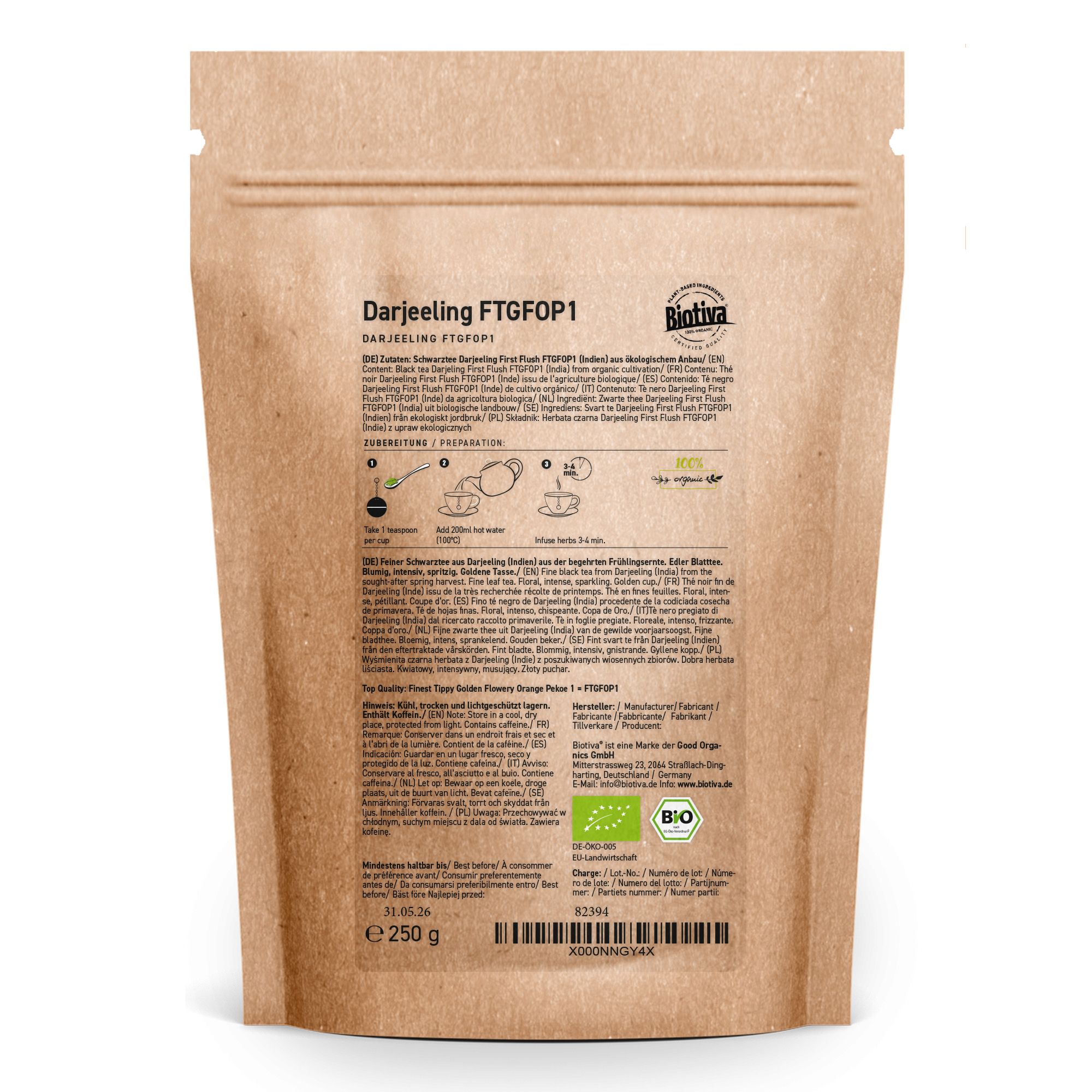 Retro della busta marrone. Testo: Darjeeling FTGFOP1, istruzioni per la preparazione, sigillo bio, ingredienti, informazioni sul produttore.