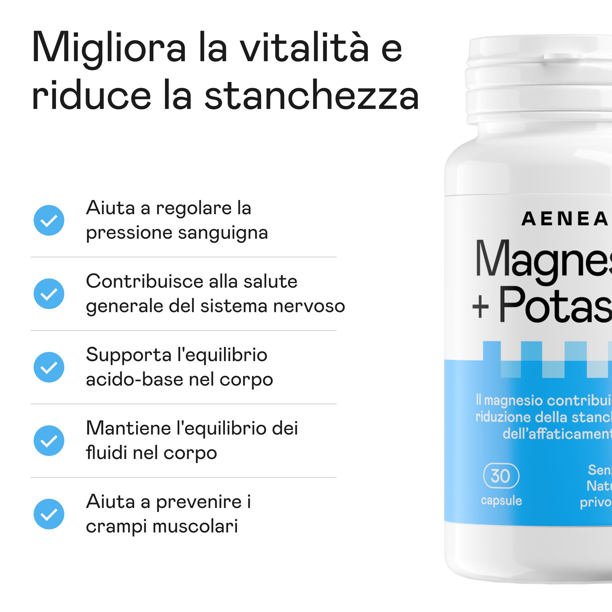 Flacone bianco con capsule. Scritta: Aenea, Magnesio+Potassio. Testo: Aiuta a regolare la pressione sanguigna, supporta il sistema nervoso.