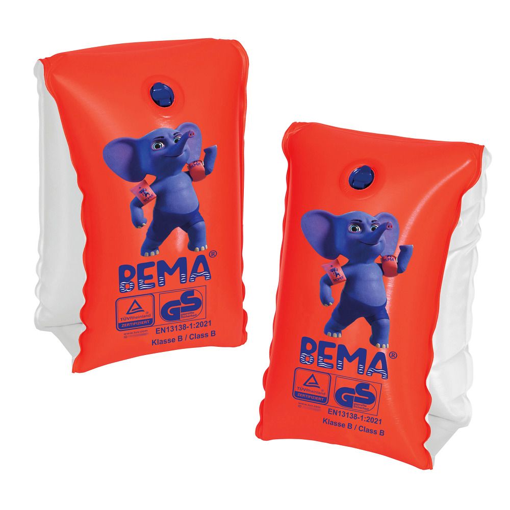 Due braccioli arancioni con motivo elefante blu. Logo BEMA e marchio GS. EN13138-1:2021.