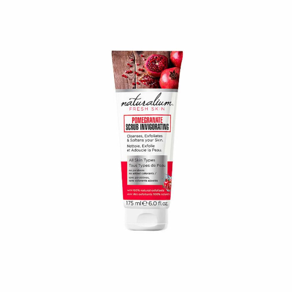 Tubo di Naturalium Pomegranate Facial Scrub. Nome del prodotto e ingredienti stampati. Immagine di melograni.