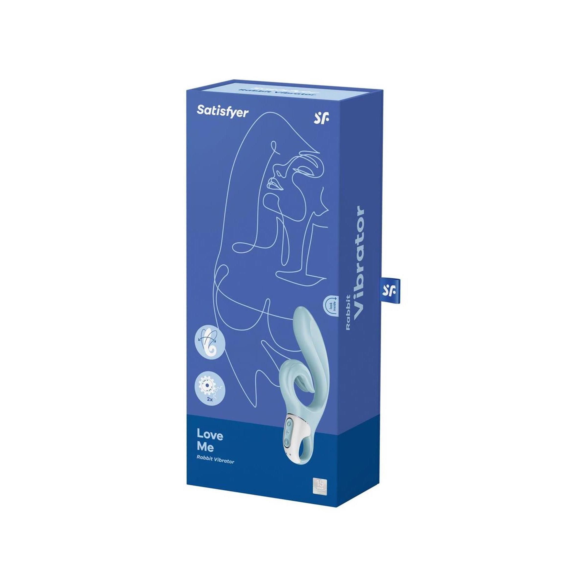 Confezione per un vibratore blu intitolato 'Satisfyer Love Me Rabbit Vibrator'.