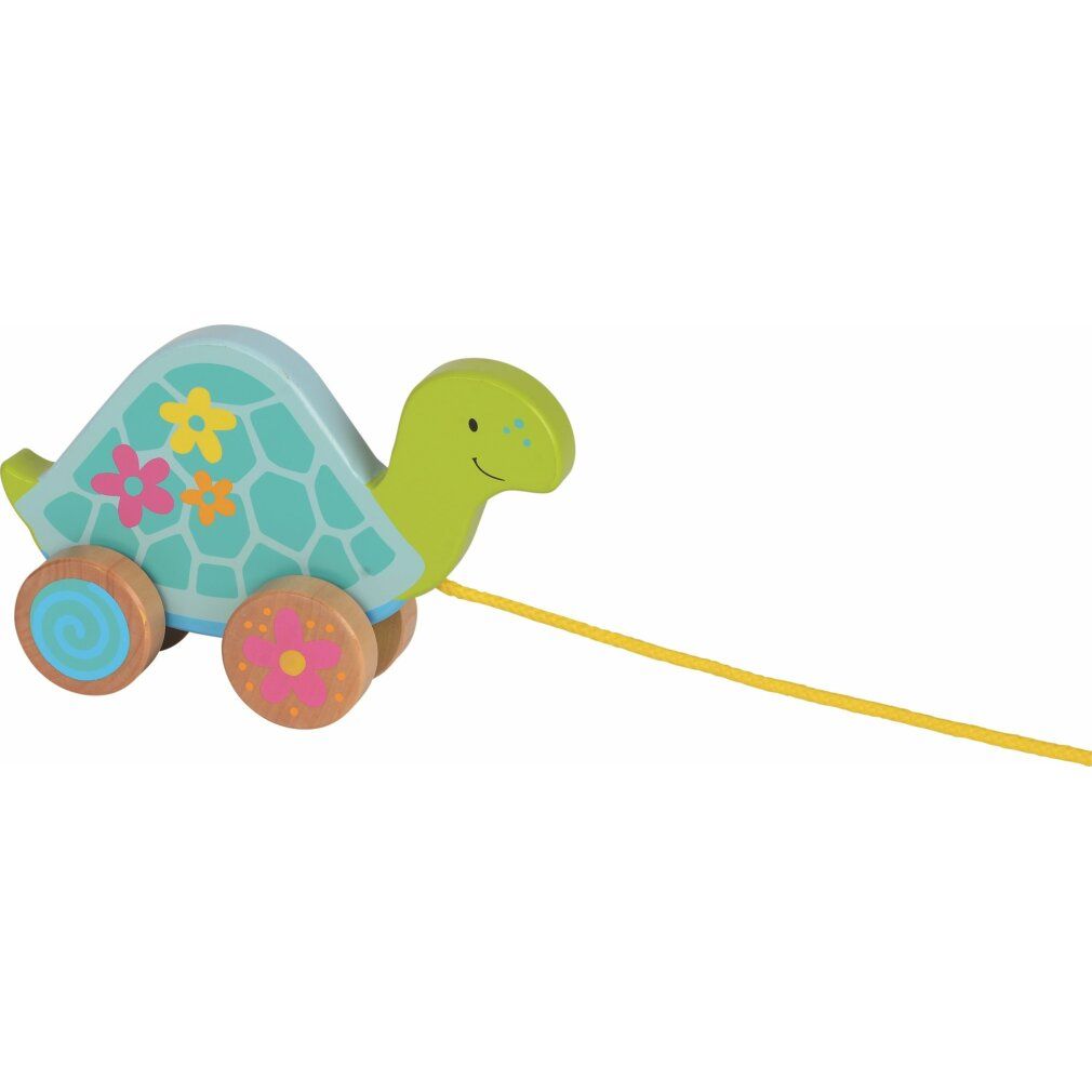 Tartaruga di legno con ruote e corda gialla. Guscio blu con fiori. Ruote in legno con motivi floreali.