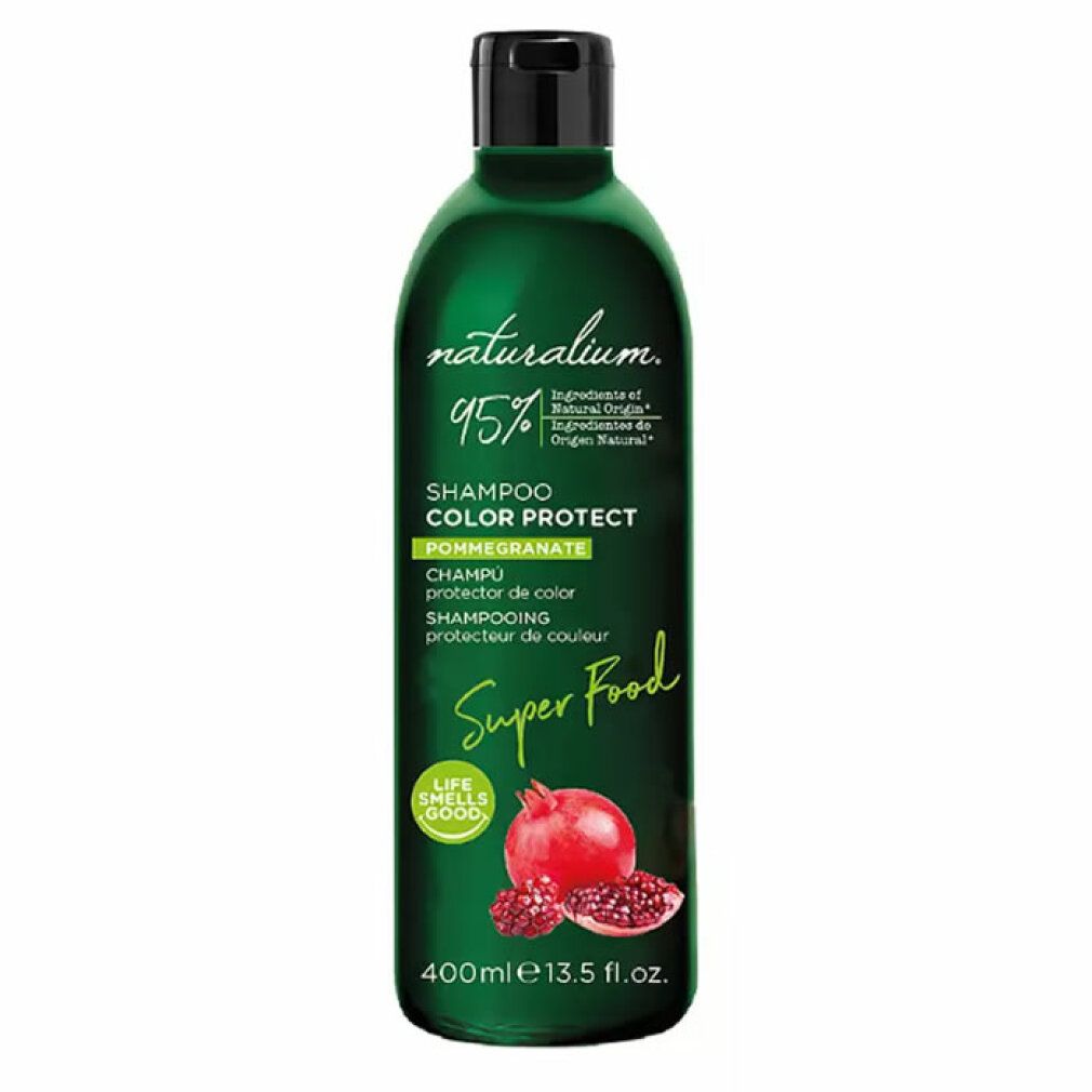 Flacone di shampoo verde con tappo nero. Scritta: Shampoo Color Protect, Melograno, Super Food. 400ml.