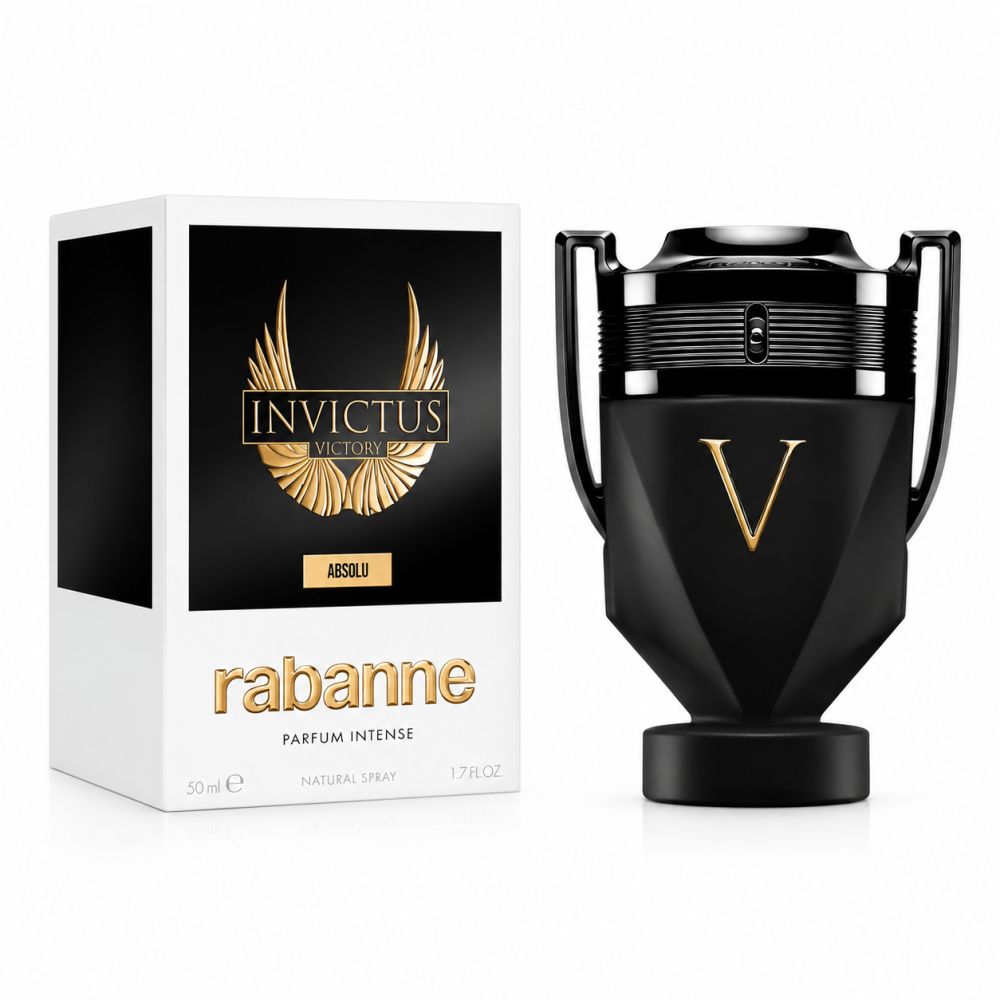 Flacone e confezione Rabanne Invictus Victory Absolu. Flacone trofeo nero con 'V' dorata.