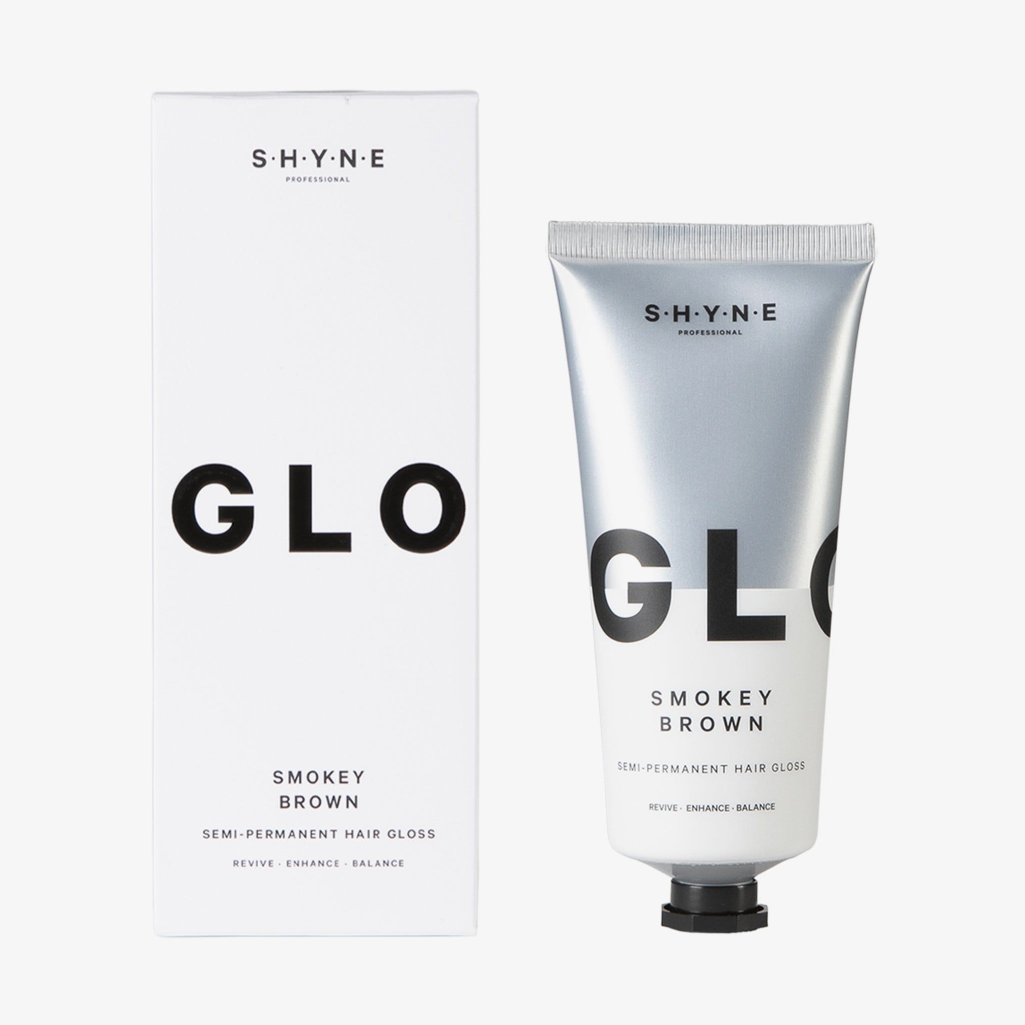Confezione e tubo. Scritta: SHYNE, GLO, Smokey Brown, Semi-Permanent Hair Gloss.