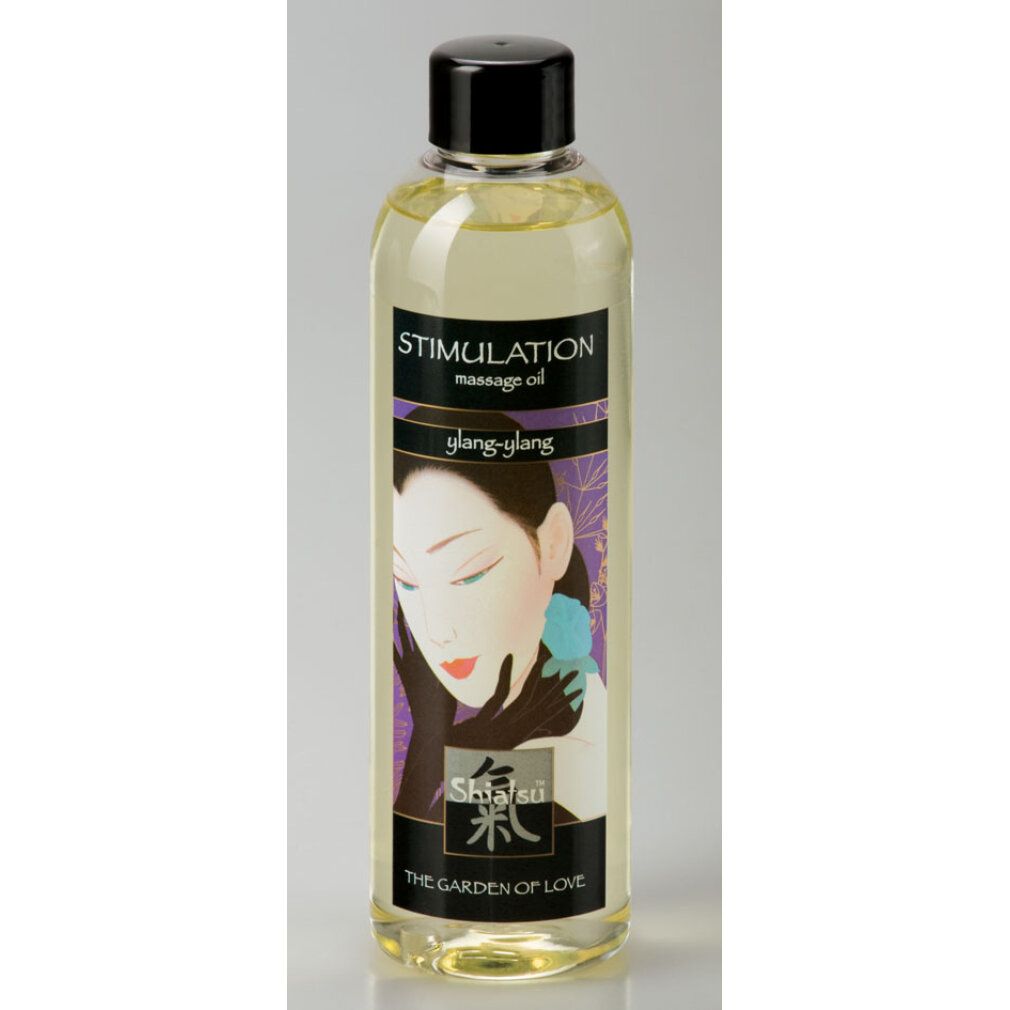 Flacone di olio per massaggio con tappo nero. Scritta: Stimulation massage oil, illustrazione di donna, Ylang Ylang, The Garden of Love.