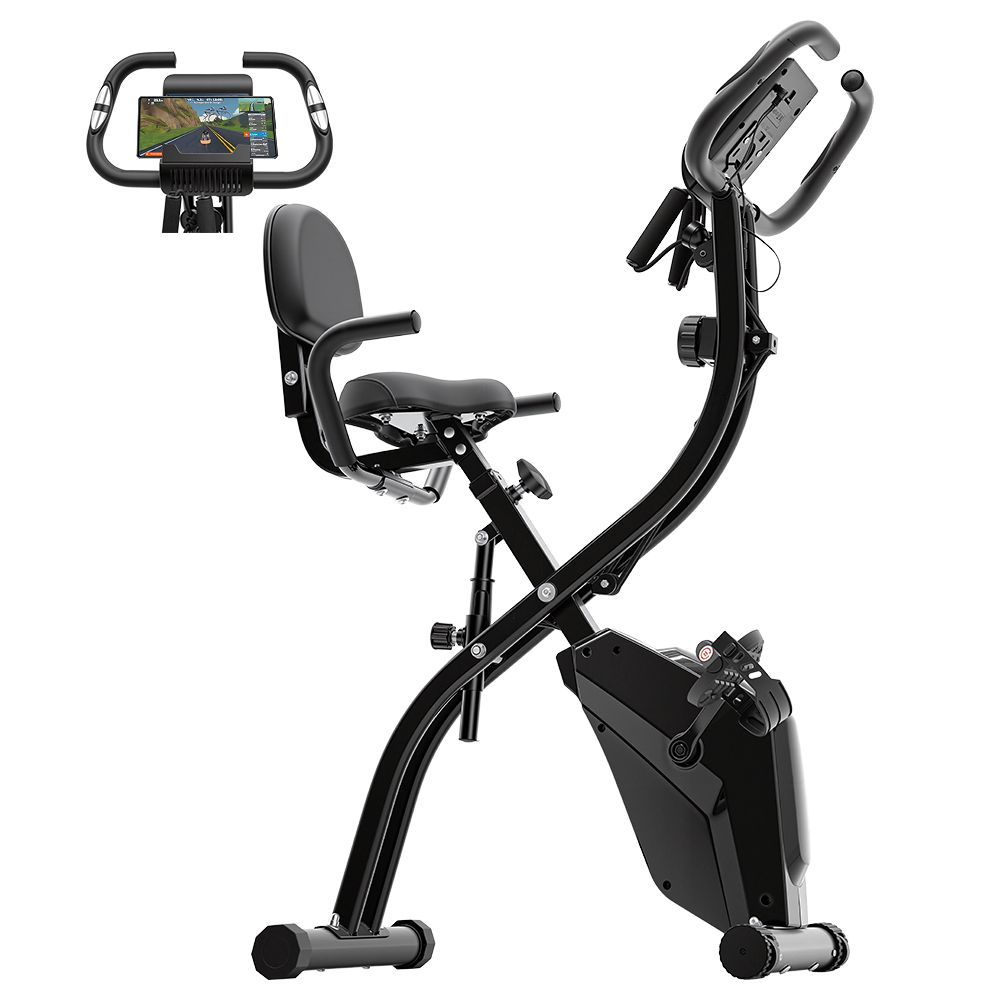 Cyclette nera con display, sedile e manubrio. Smartphone con app di allenamento.
