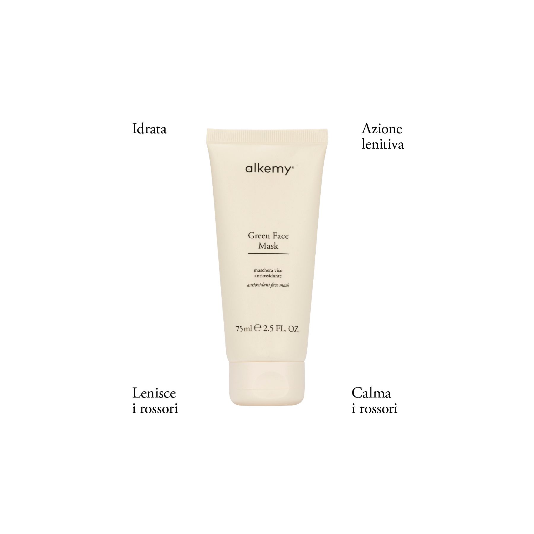 Tubo bianco Alkemy Green Face Mask con testo su sfondo bianco.
