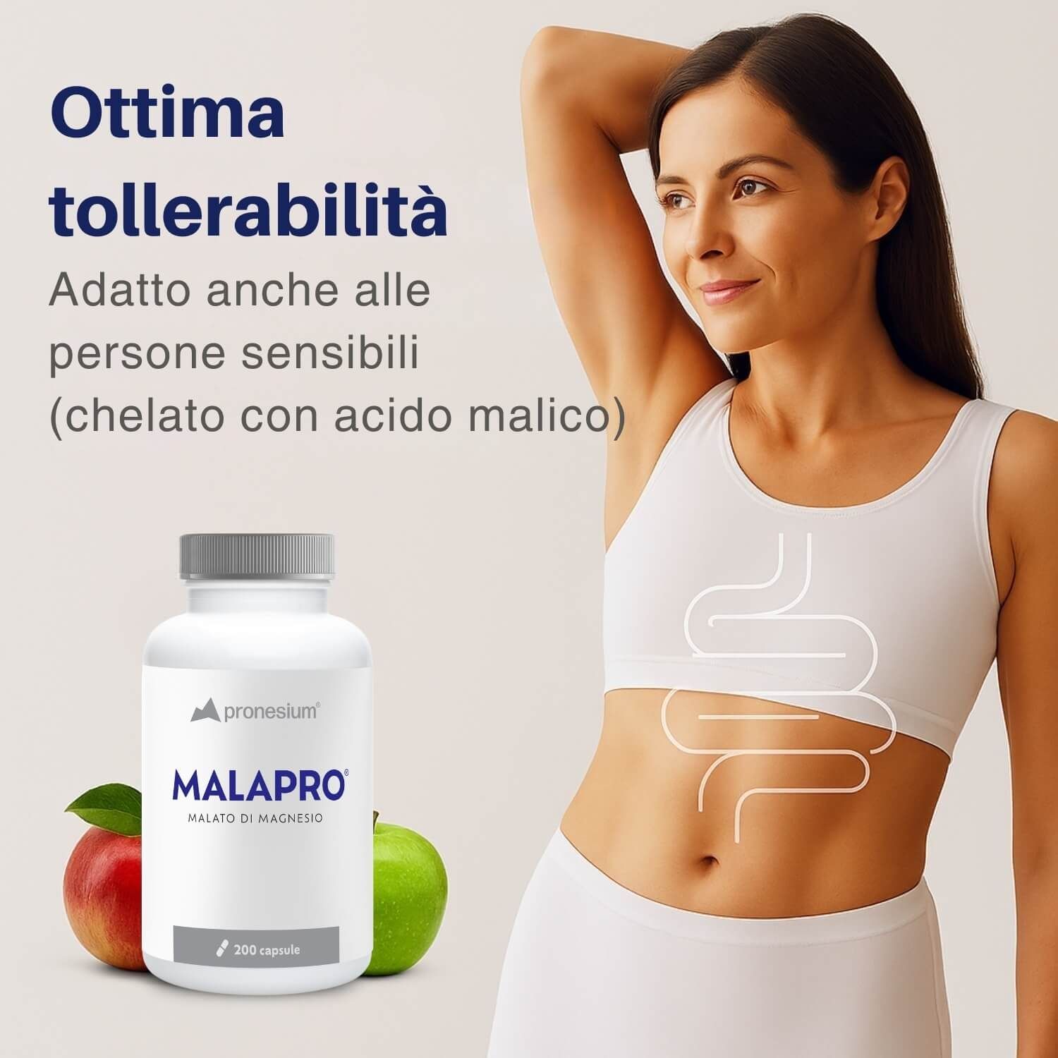 Donna con pancia. Testo: Ottima tollerabilità. Flacone: MALAPRO, 200 capsule. Mele.