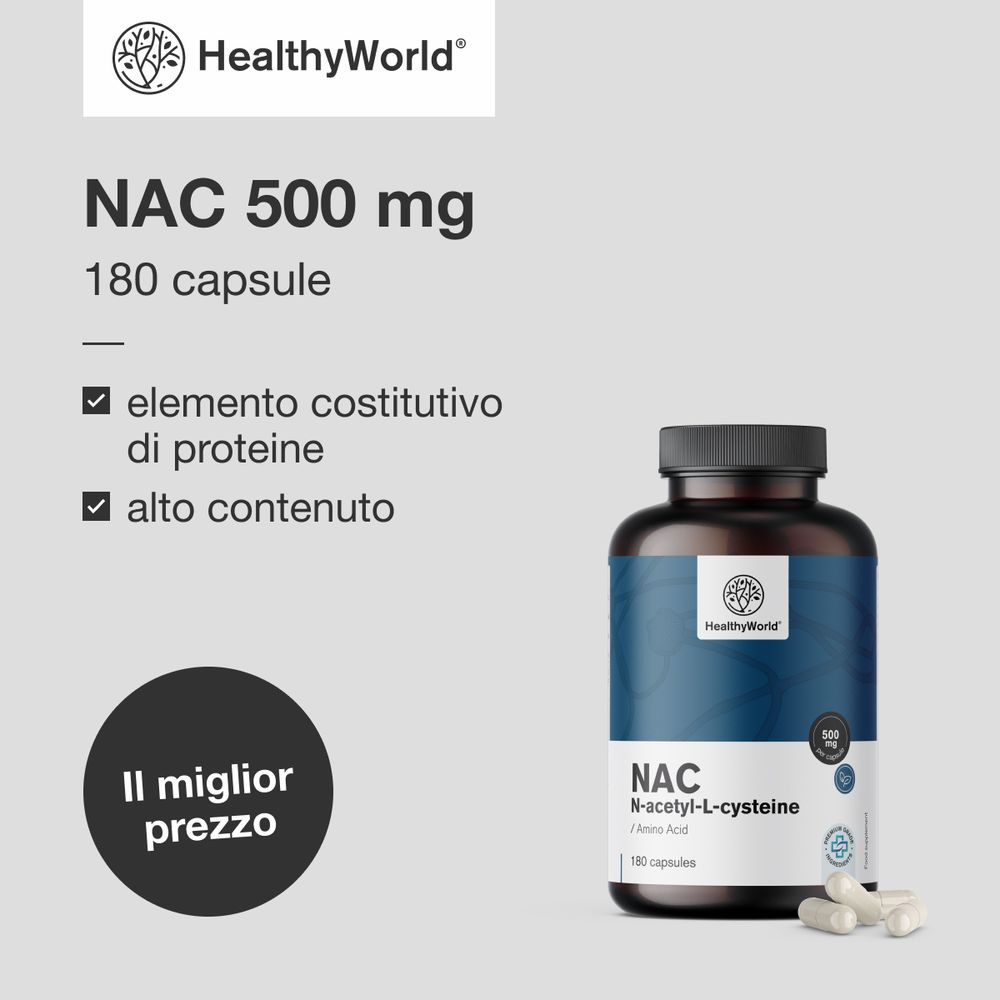 Flacone di NAC 500 mg, 180 capsule. Testo: "Alto contenuto", "Assorbimento ottimale", "Supporto aggiuntivo".