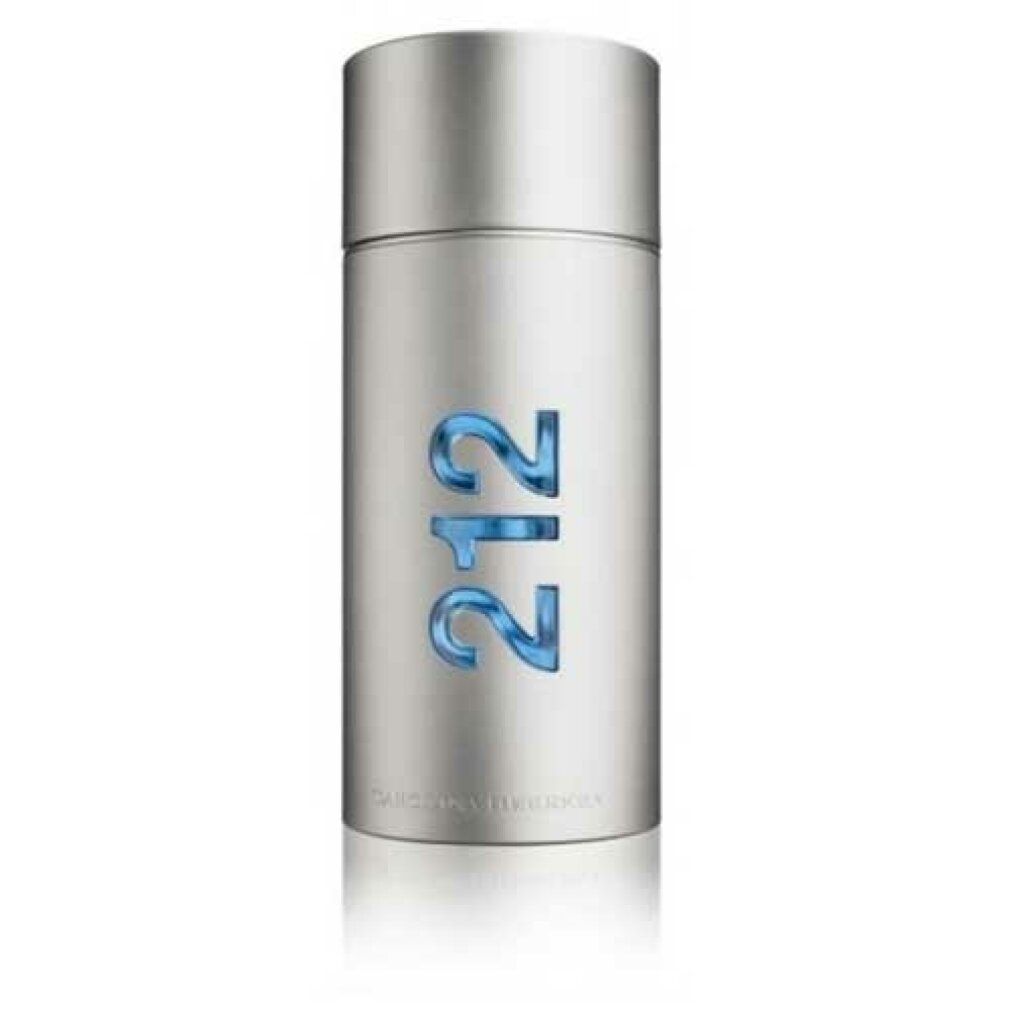 Flacone argentato con scritta blu "212". Forma cilindrica, tappo argentato.