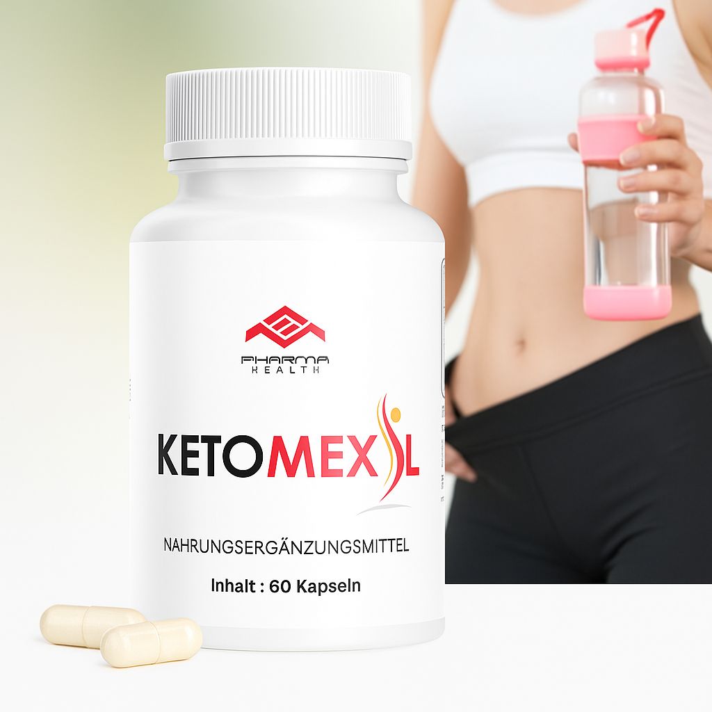 Flacone bianco con capsule e donna con borraccia. Scritta: Pharma Health, Ketomexil, integratore alimentare, contenuto: 60 capsule.