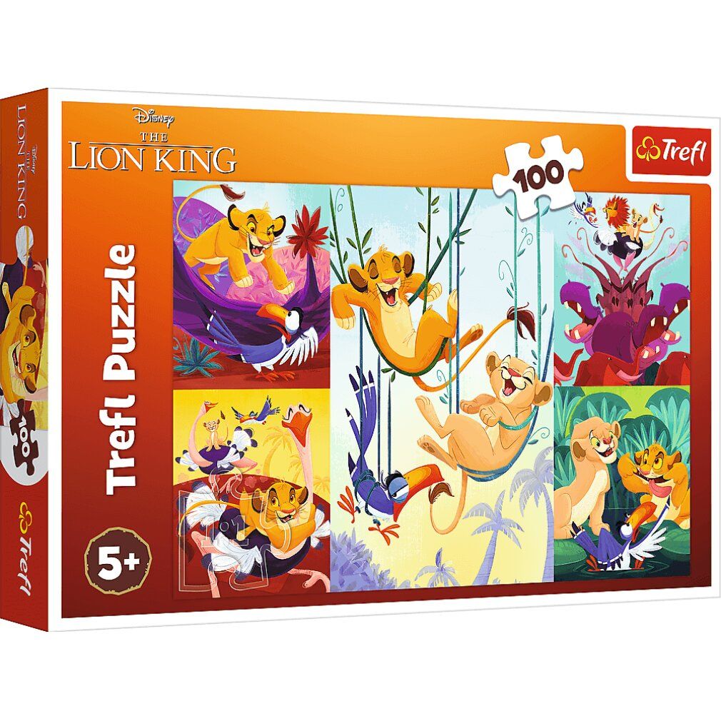 Confezione del puzzle "Il Re Leone". Contiene 100 pezzi. Marchio Trefl, logo Disney, età consigliata 5+.