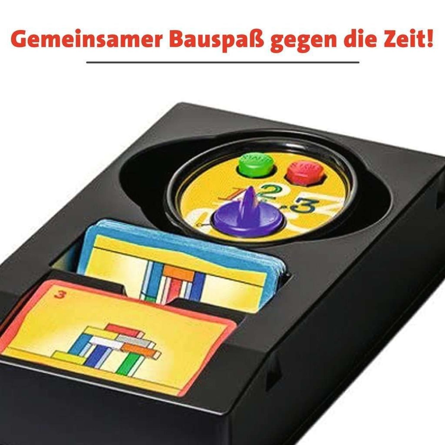 Scatola di gioco nera con carte, piattaforma girevole e pulsanti. Carte con istruzioni di costruzione colorate.