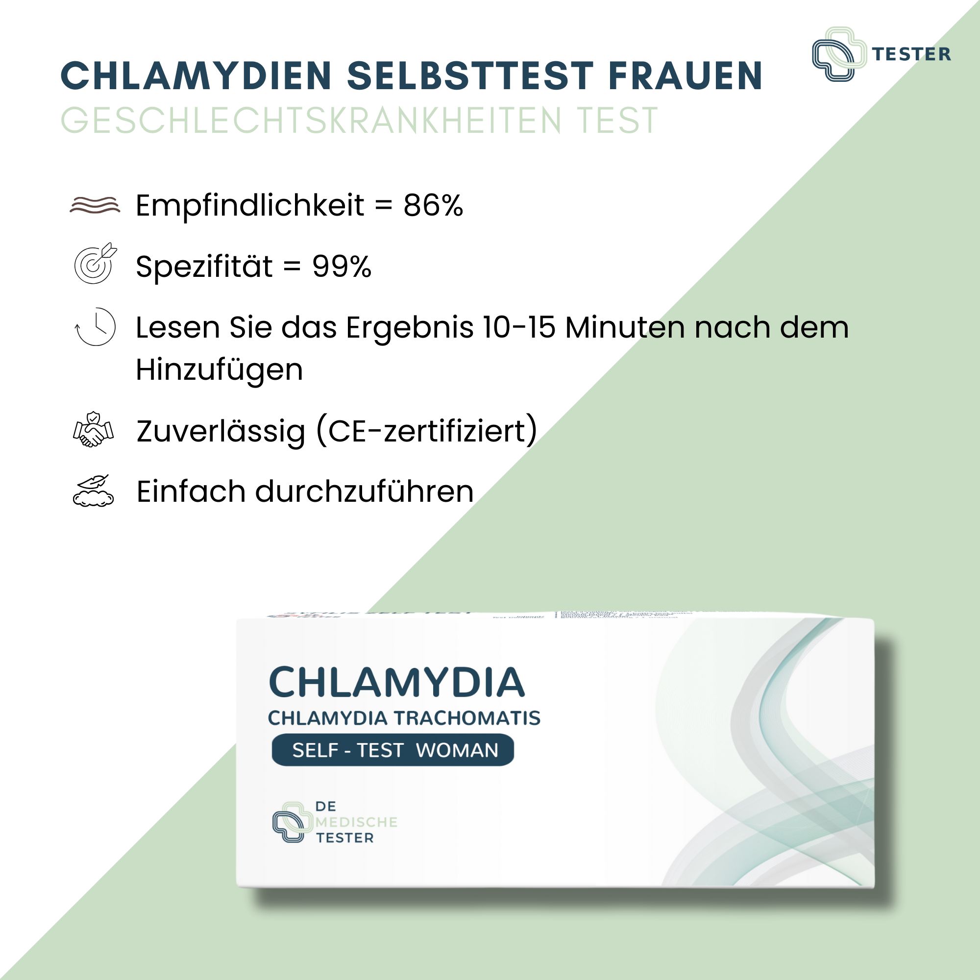 Infografica sul test autodiagnostico per la clamidia. Contiene informazioni su sensibilità, specificità e risultato del test. Confezione del prodotto in basso.