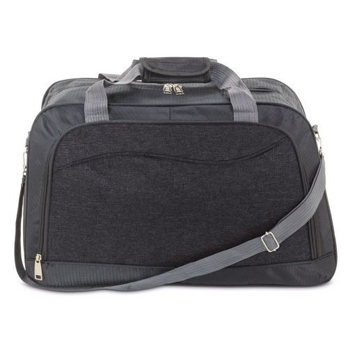 Borsa da viaggio grigio scuro con manici e tracolla grigi. Cerniera e dettagli argentati.