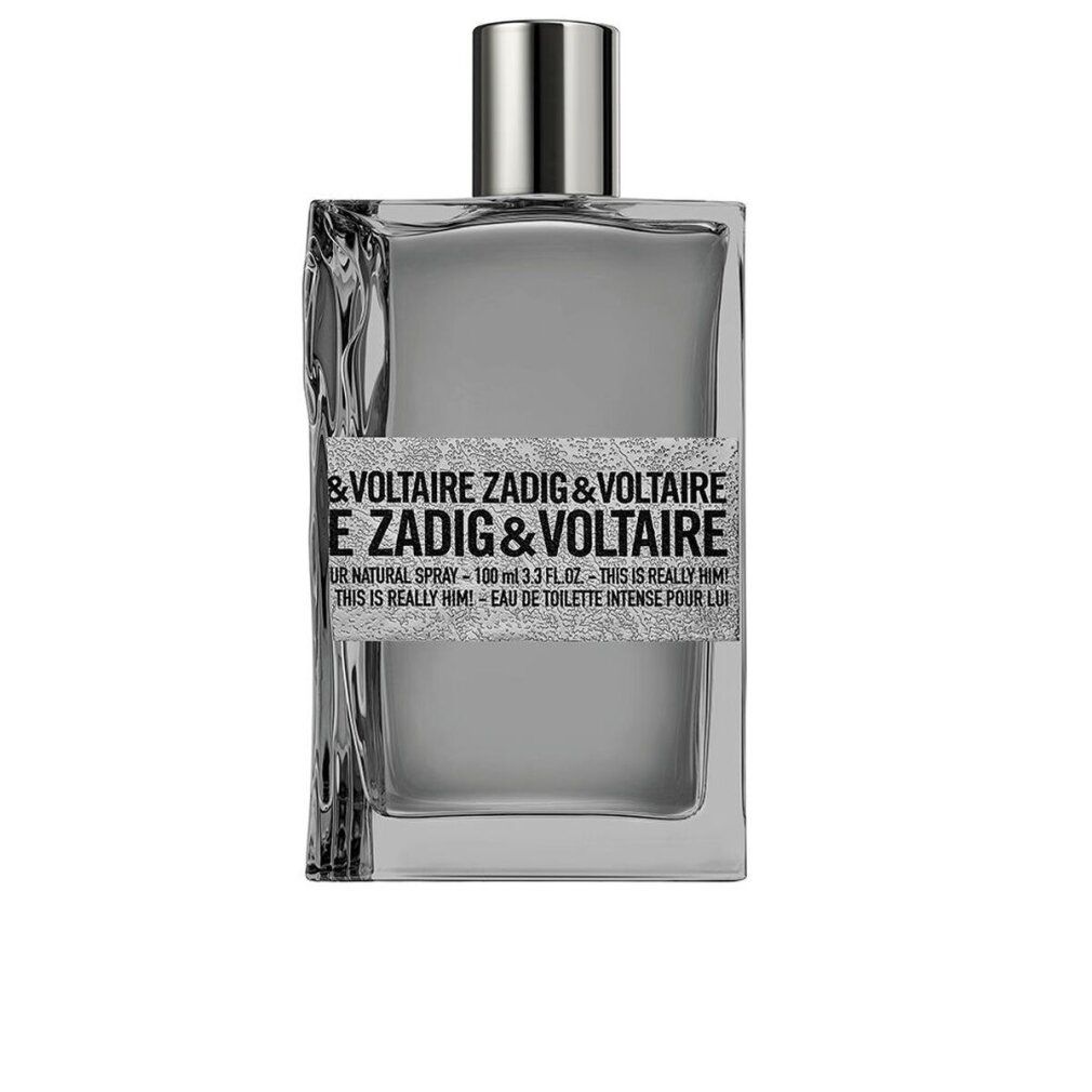 Flacone grigio con tappo argentato. Scritta: Zadig & Voltaire, This Is Really Him! EdT Intense.