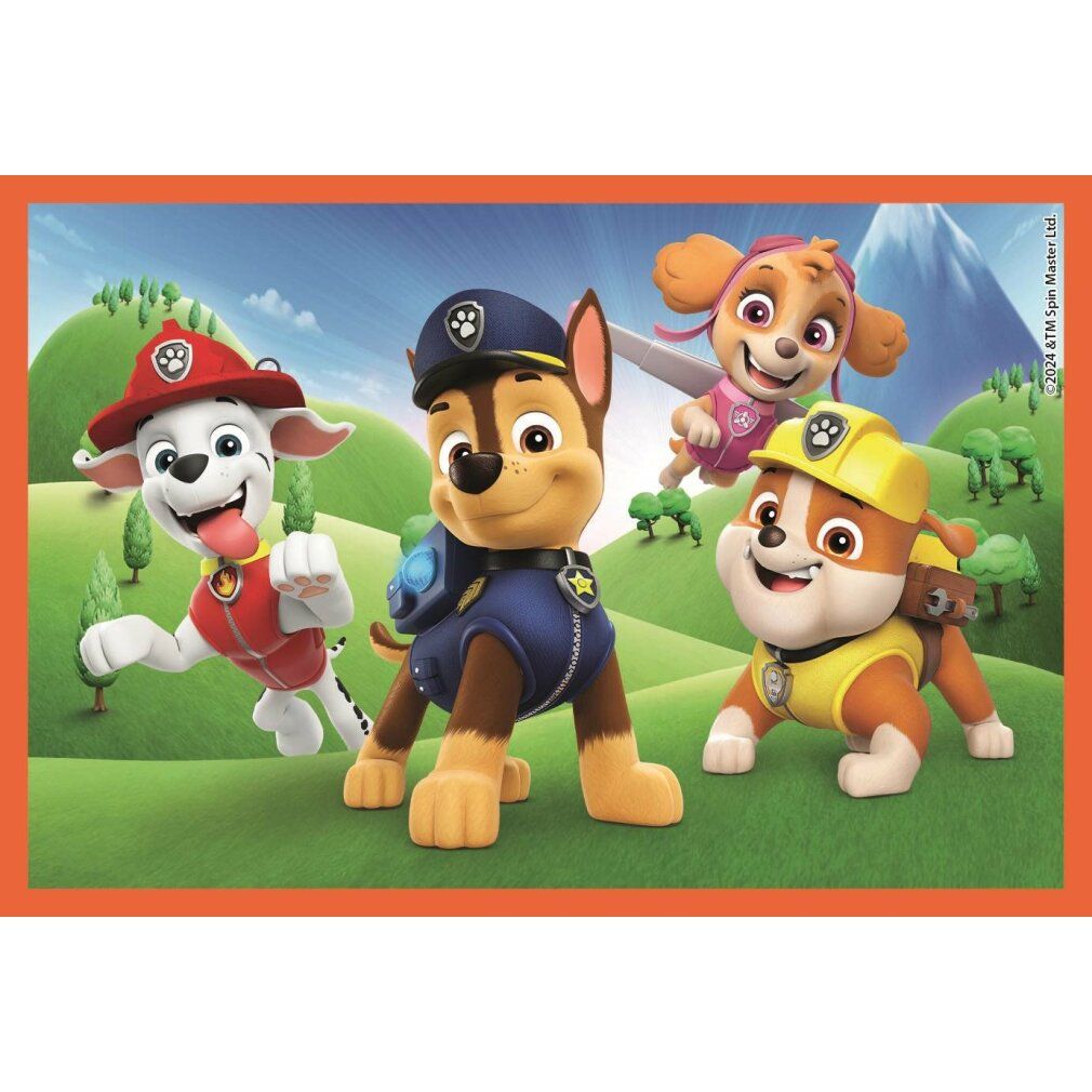 Quattro cani animati in uniforme su un paesaggio collinare verde.