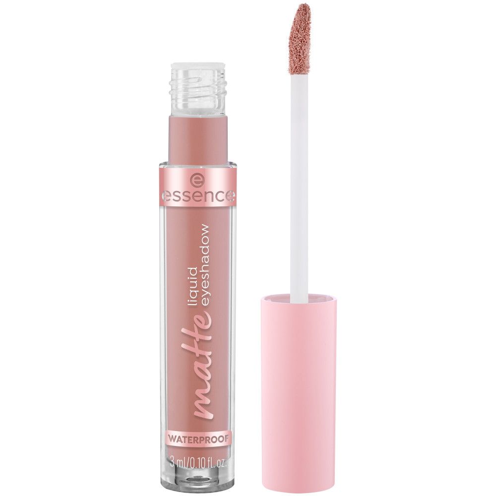Ombretto liquido opaco in un tubetto trasparente con tappo e applicatore rosa. Marchio: Essence.
