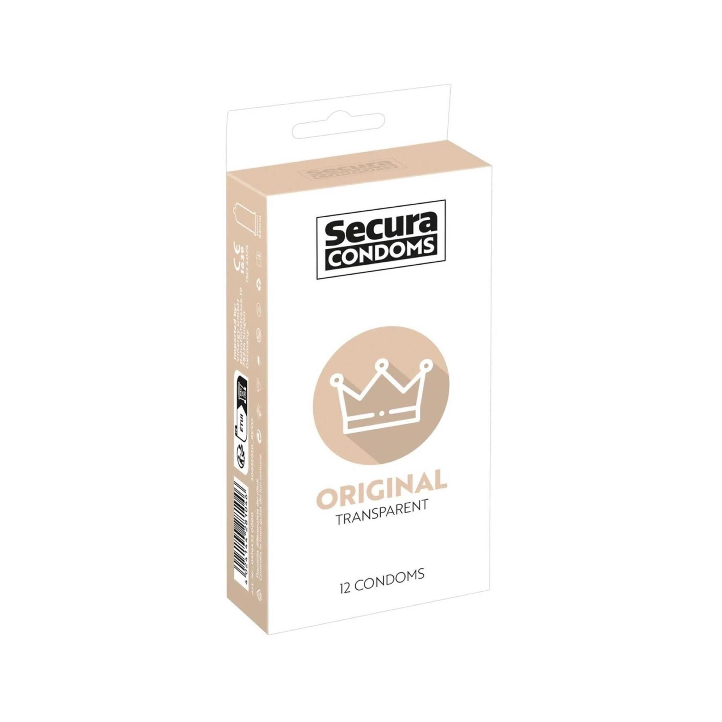 Scatola di Secura Condoms. Original, trasparente, 12 preservativi. Con grafica a corona.