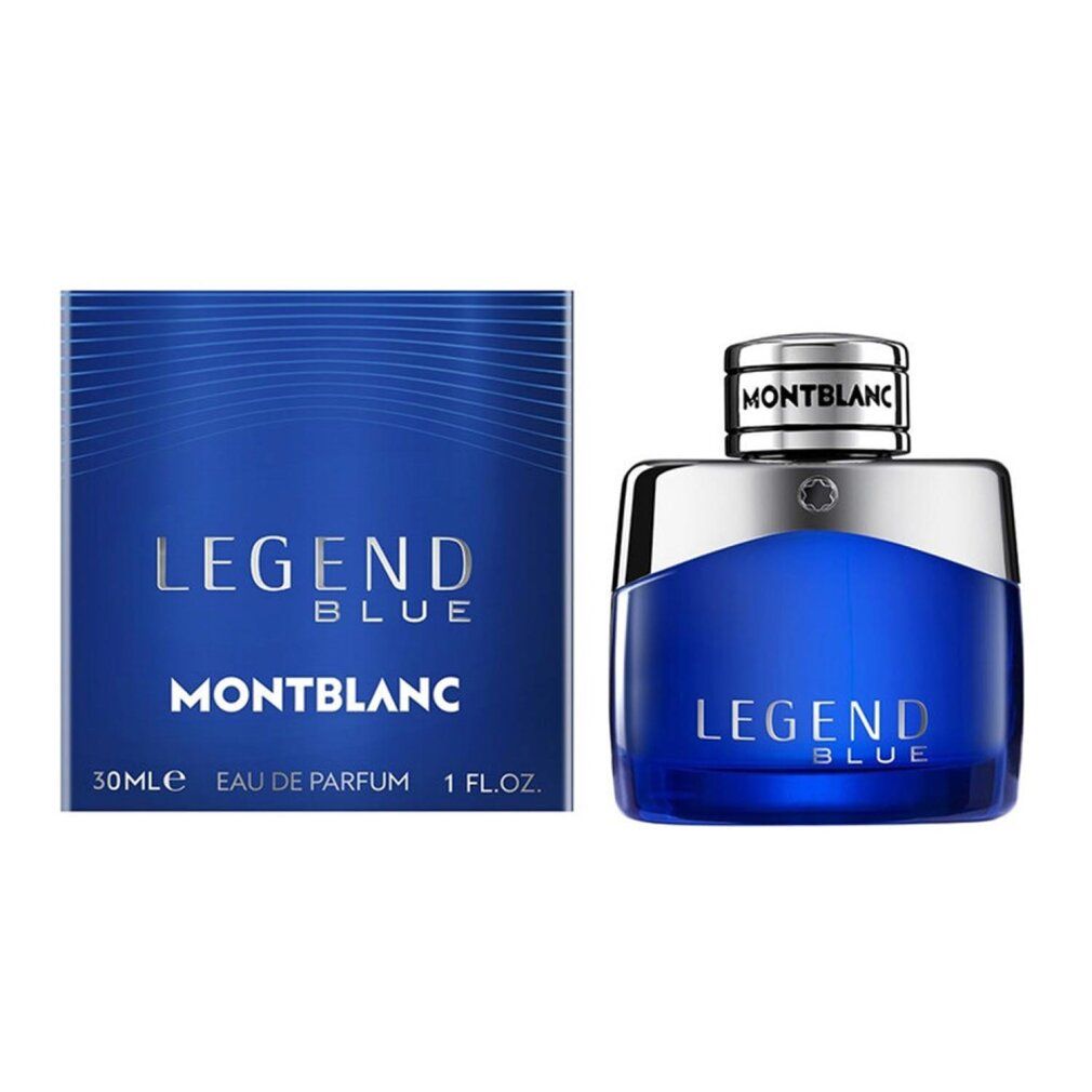Flacone blu e scatola. Scritta LEGEND BLUE, MONTBLANC. 30ml Eau de Parfum. EdP Nat. Spray.