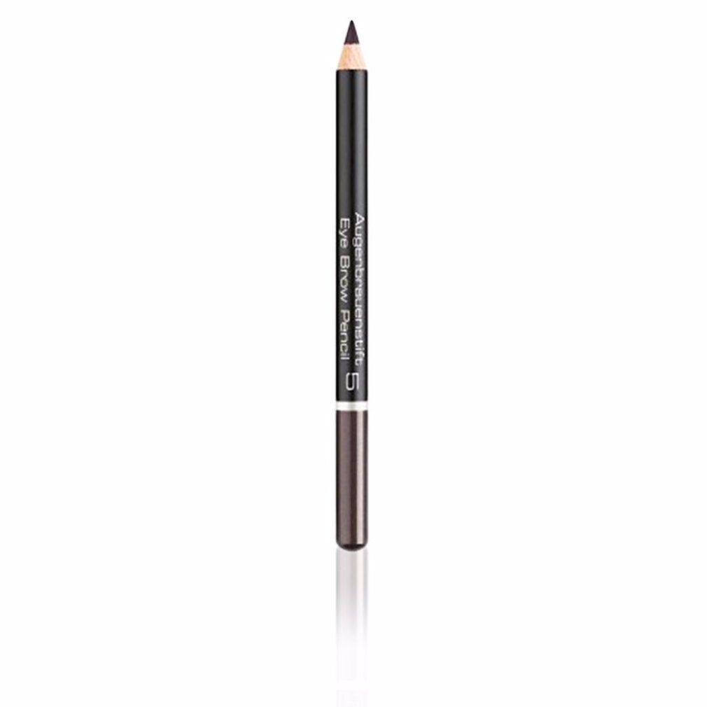 Matita per sopracciglia grigio scuro, fusto nero. Scritta: Augenbrauenstift, Eye Brow Pencil, 5. Punta e estremità inferiore colorate.