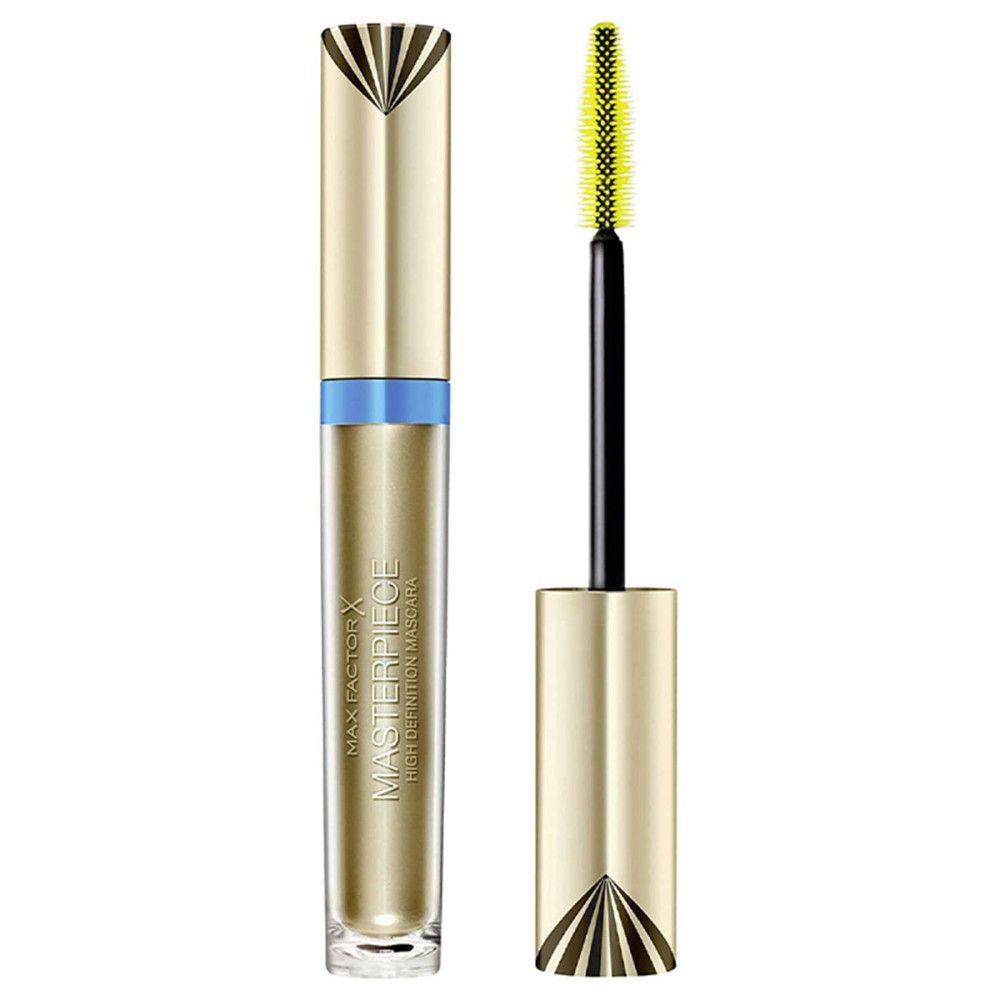 Tubo mascara dorato con fascia blu. Spazzola con setole gialle. Stelo nero. Nome del prodotto e marchio visibili.